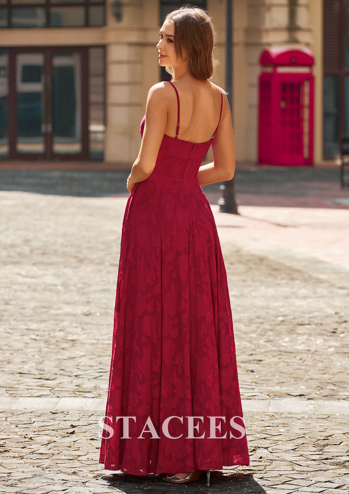 Burgundy A-line Spaghetti Strap Jacquard Prom Dress with Ruched Bodice Slit - STACEES
