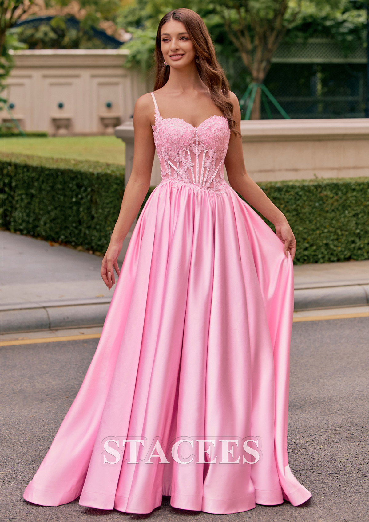 Blushing Pink A-line Beaded Sheer Corset Floor-Length Satin Prom Dress with Pockets  - STACEES