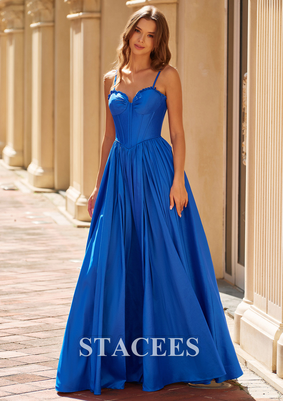 Bleu Royal Trapèze cache coeur taffetas longueur ras du sol robe de bal avec plissé - STACEES
