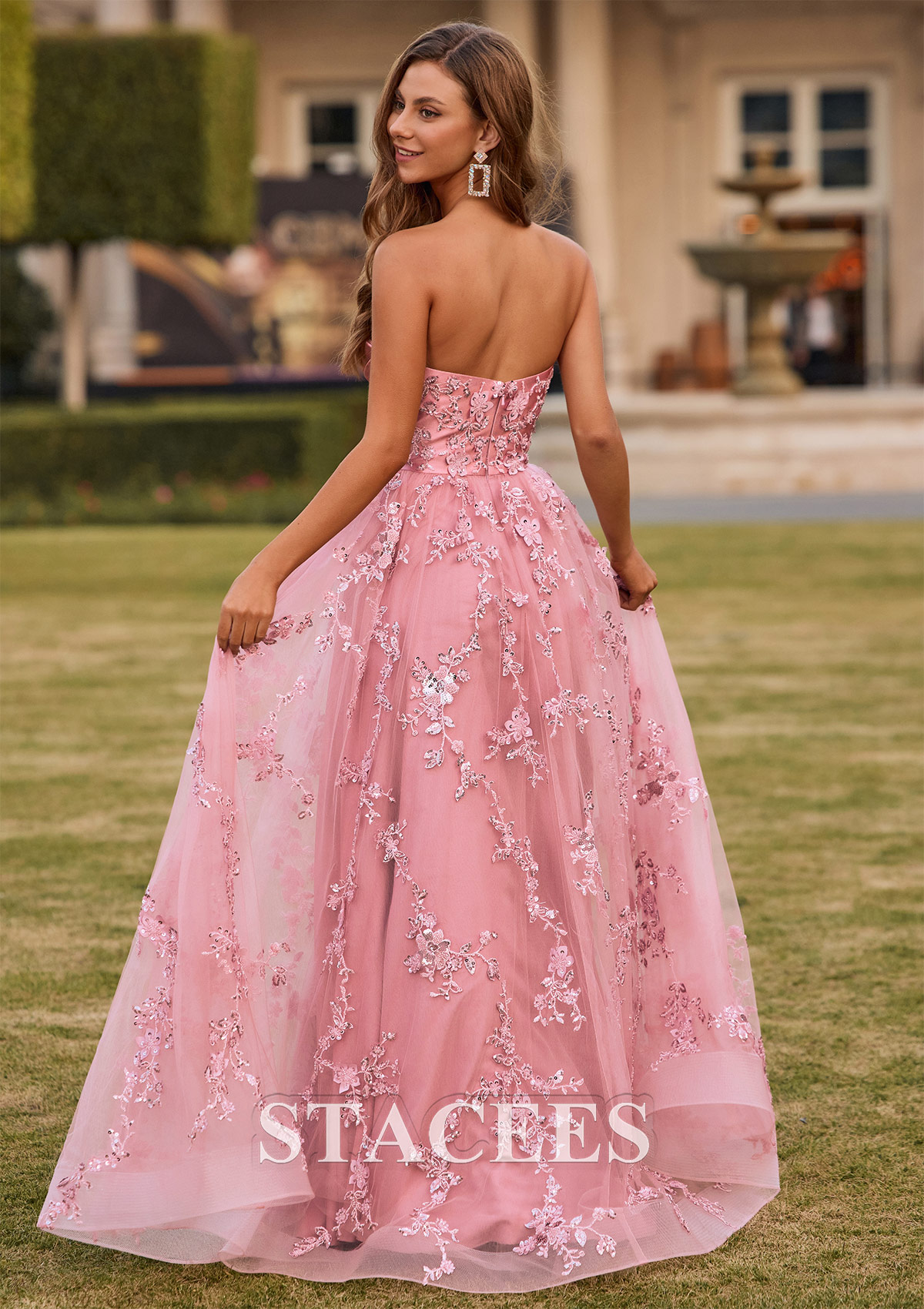 Mauve Vestido línea a cuello de corazón tul cola de barrido vestido de graduación - STACEES