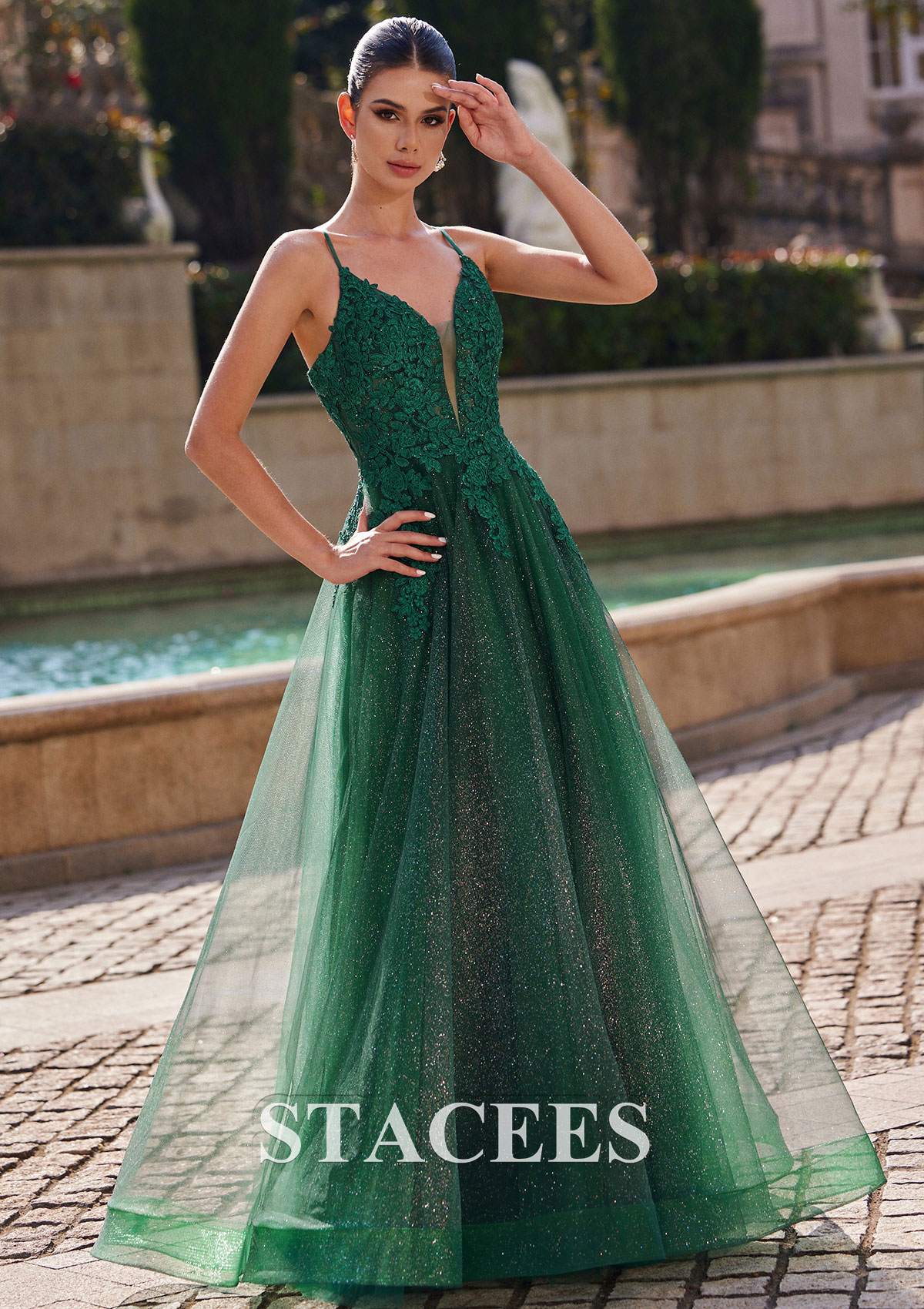 Dark Green Vestido línea a escote en v tul hasta el suelo vestido de graduación - STACEES