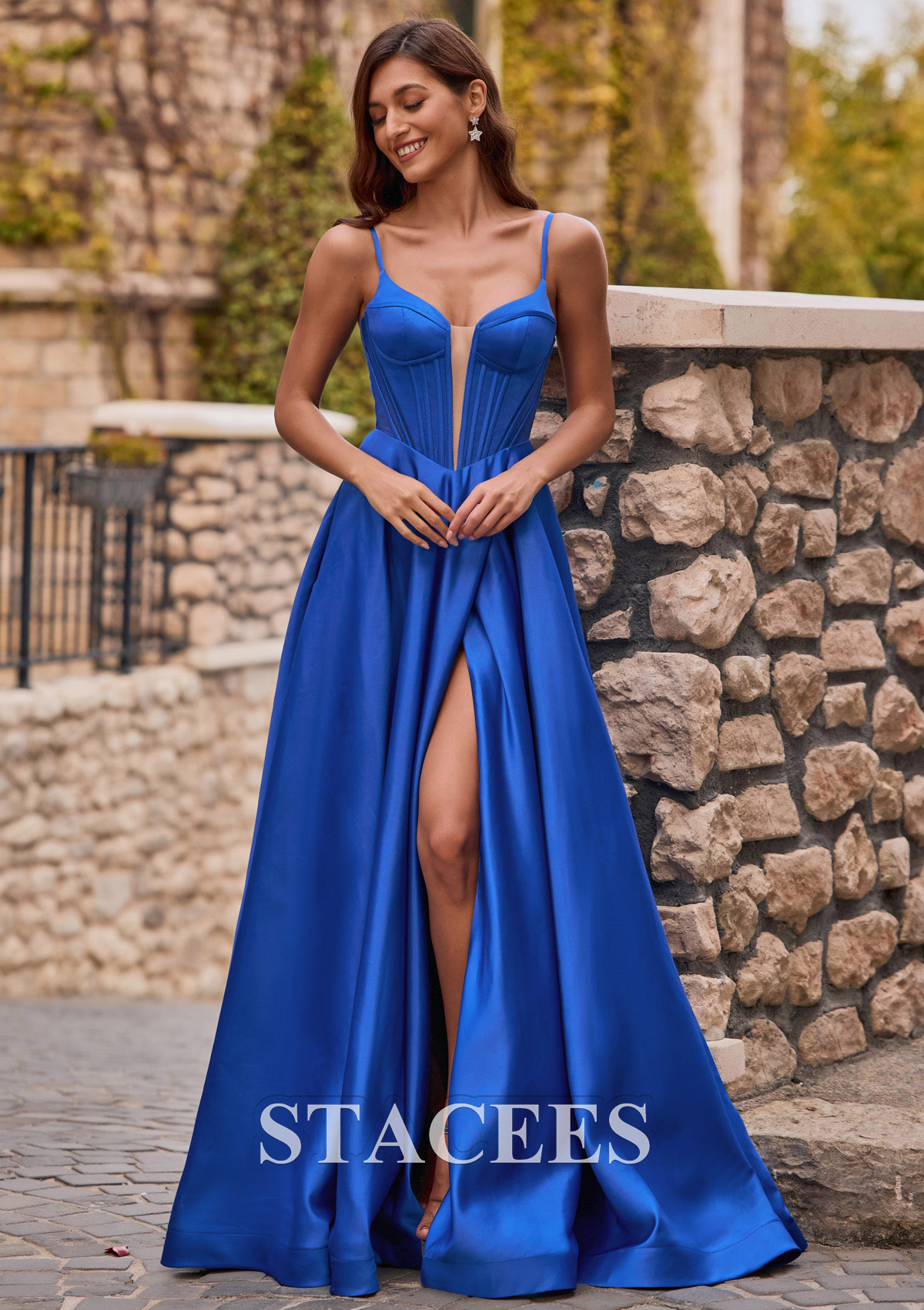 Ocean Blue A-line V Neck Satin Sweep Train Prom Dress with Split - STACEES