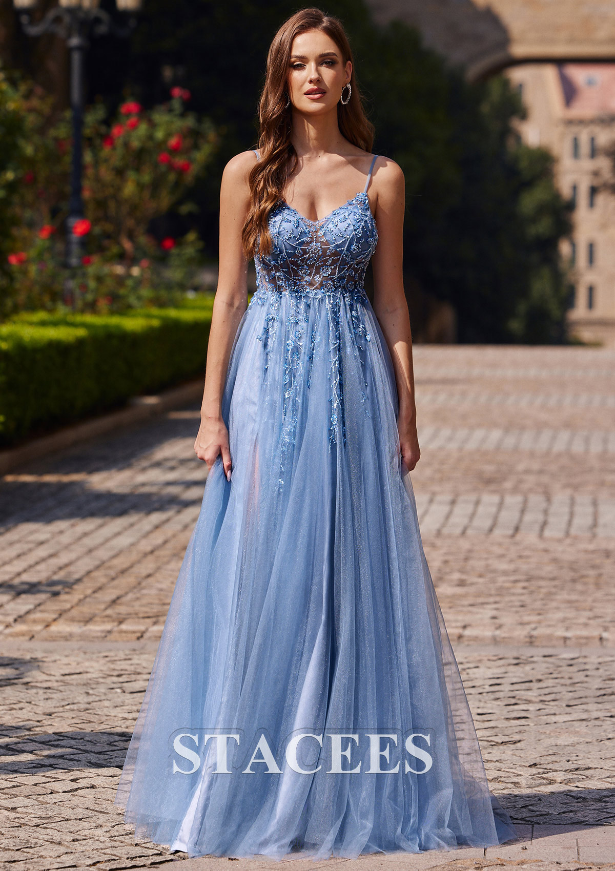 Dusty Blue Vestido línea a escote en v tul barrer tren vestido de graduacion - STACEES