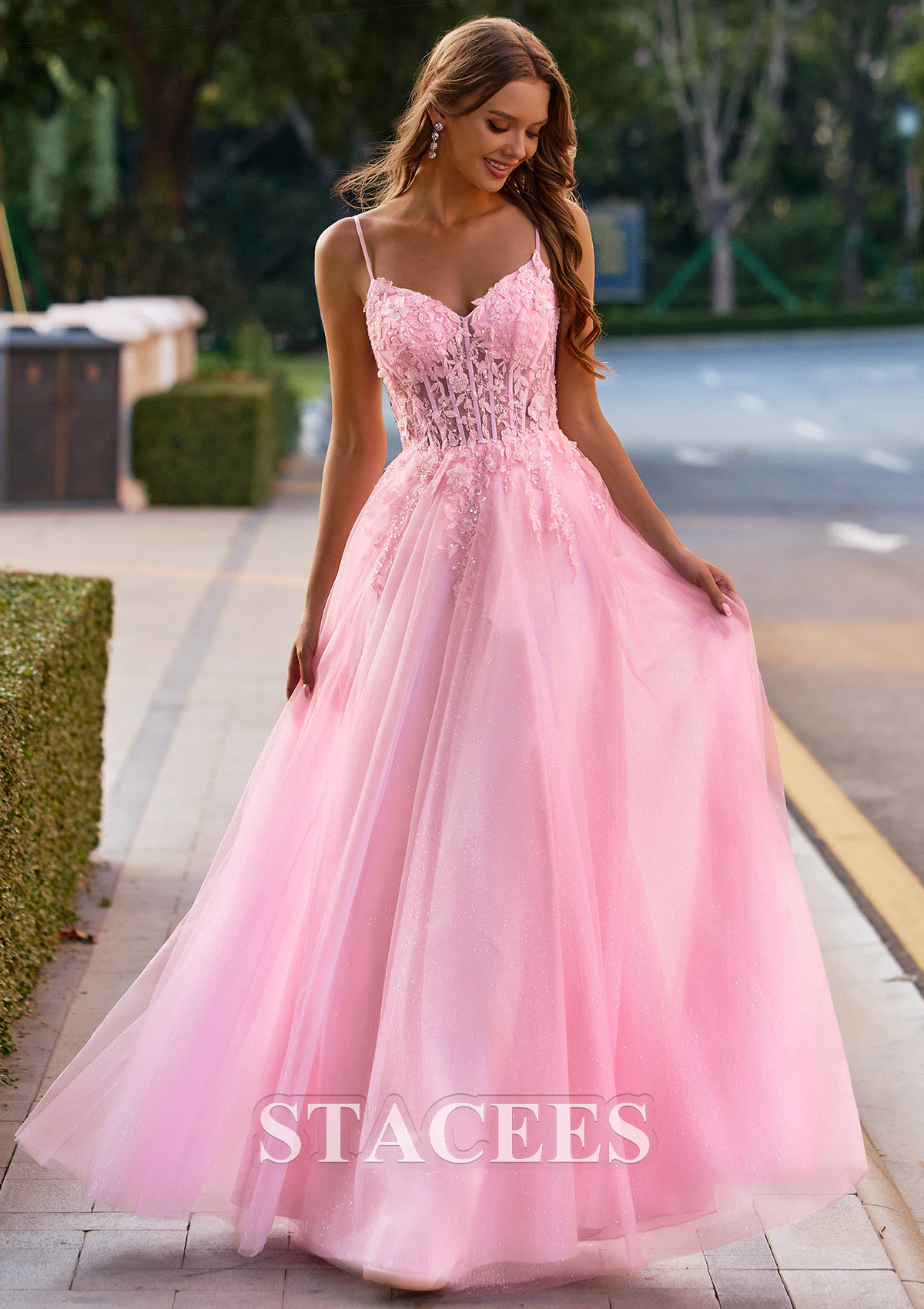 Blushing Pink A-line V Neck Floral Applique Sheer Corset Glittered Tulle Prom Dress - STACEES