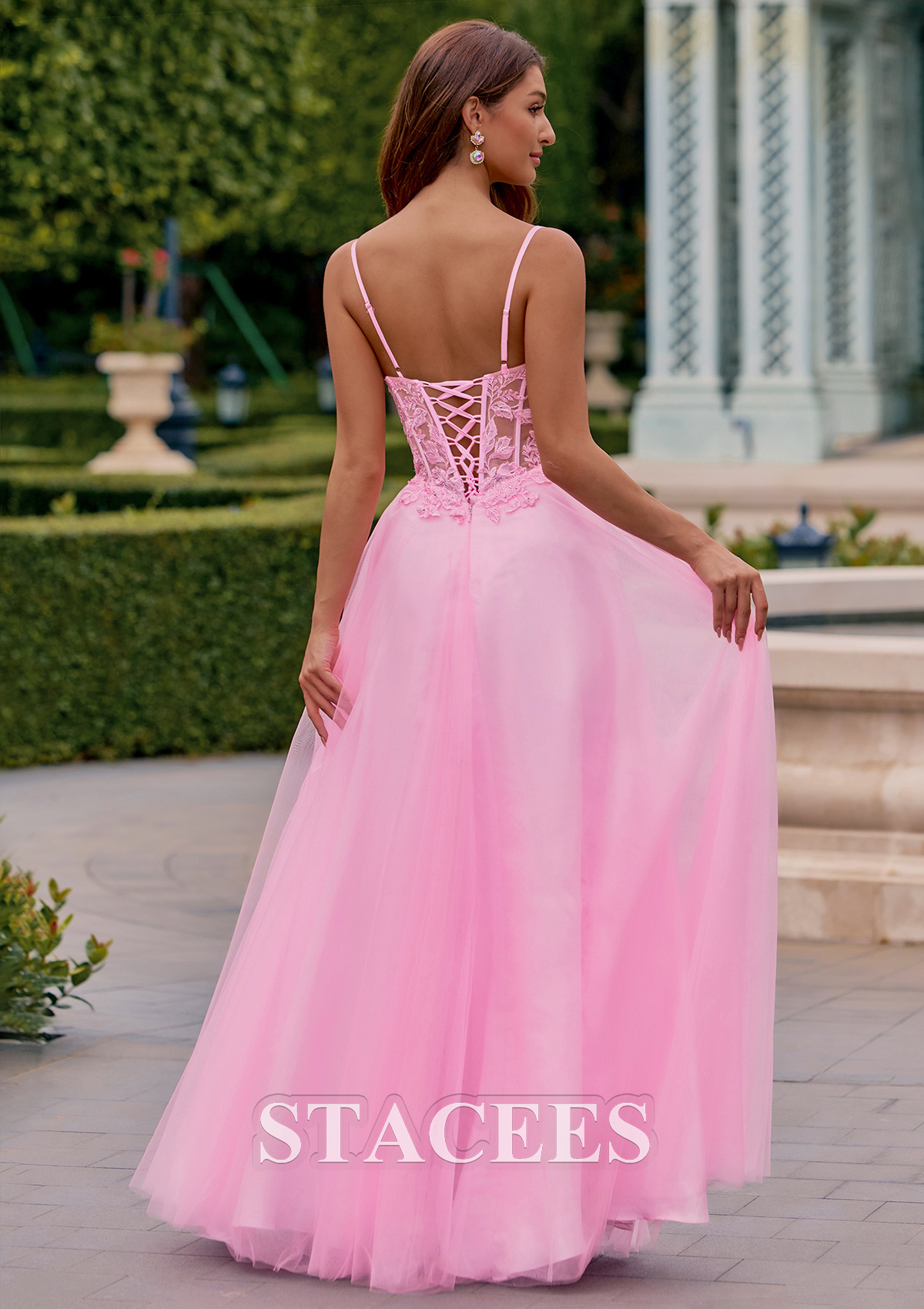 Candy Pink A-line V Neck Tulle Floor-Length Prom Dress with Lace Applique Corset Bodice - STACEES