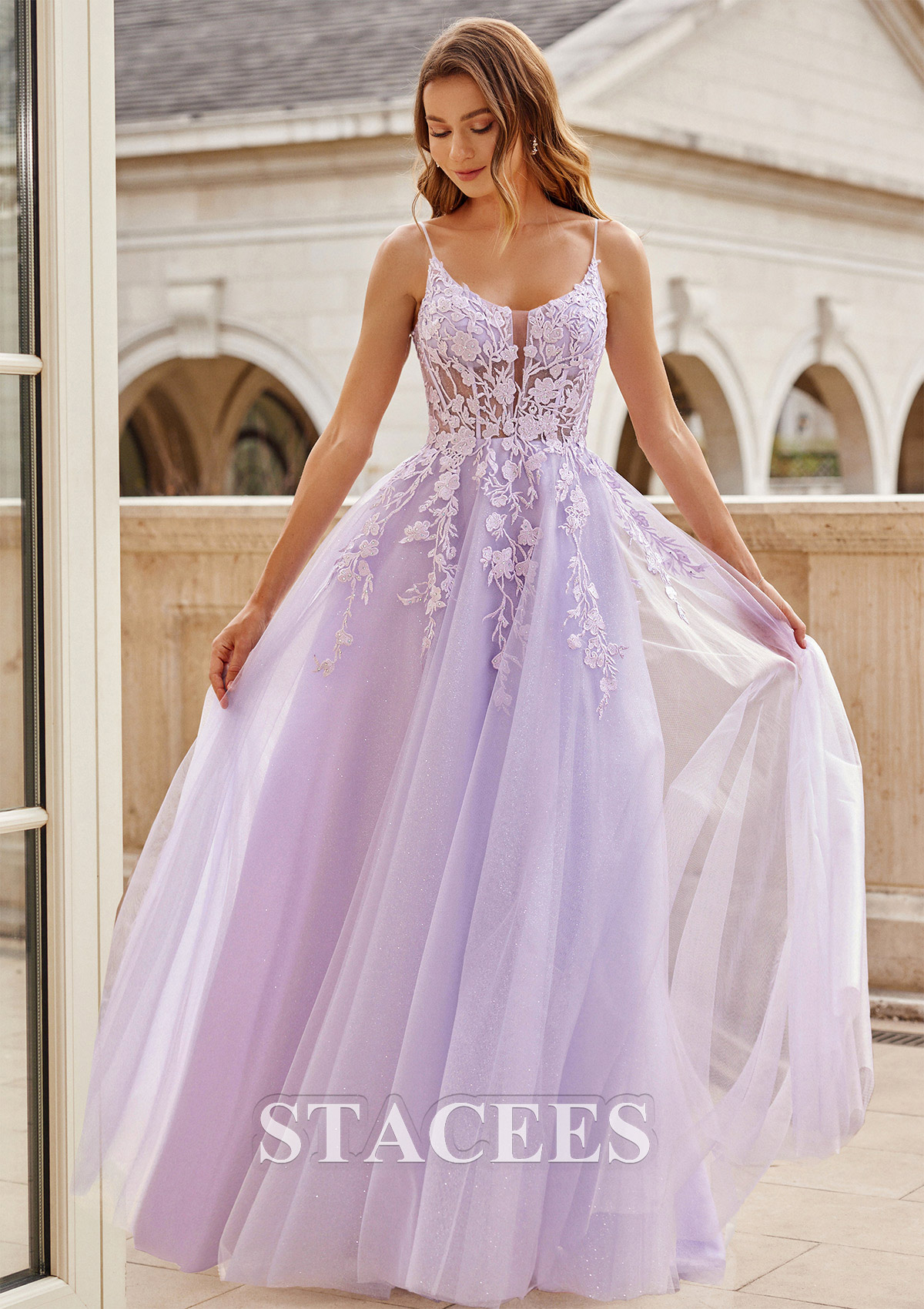 Lilas Robe trapèze princesse scoop tulle traîne balayage robe de bal - STACEES