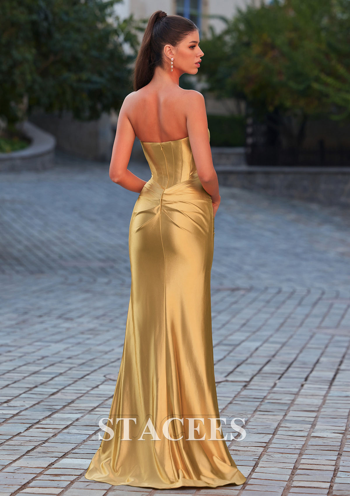 Gold Fitted Strapless Long Prom Dress with Corset Bodice Ruching Skirt Slit - STACEES
