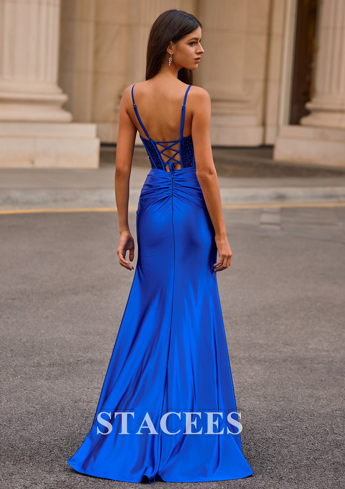 Royal Blue Tight Sweetheart Sequins Corset Silk like Satin Slit Prom Dress - STACEES