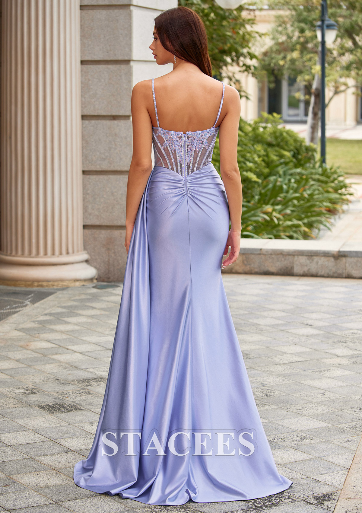 Lavande Fourreau col en v soie comme du satin traîne balayage robe de bal avec paillettes drapé latéral fendue - STACEES