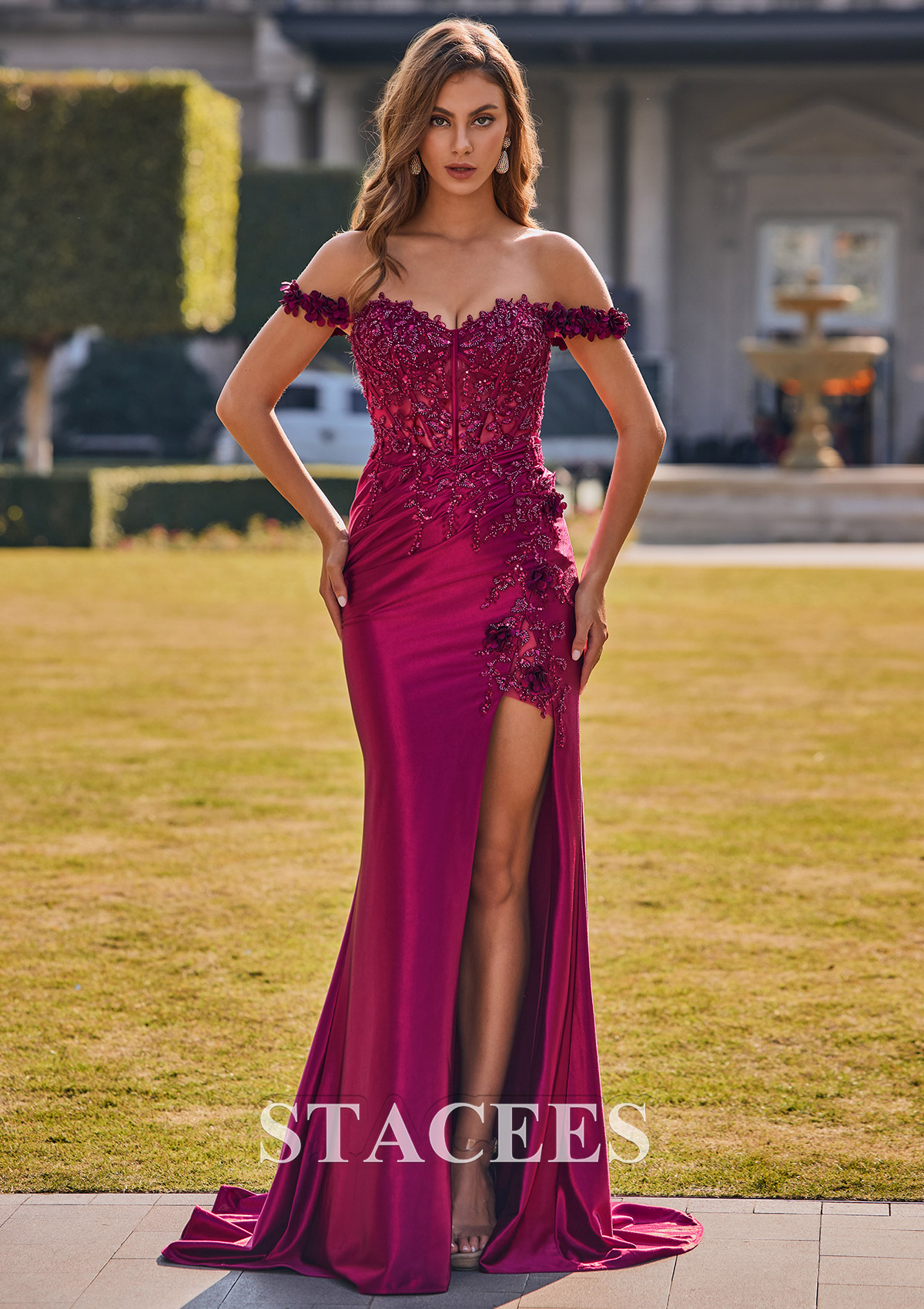 Bordeaux Trumpette/Sirène épaule dénudée soie comme du satin traîne balayage robe de bal  - STACEES