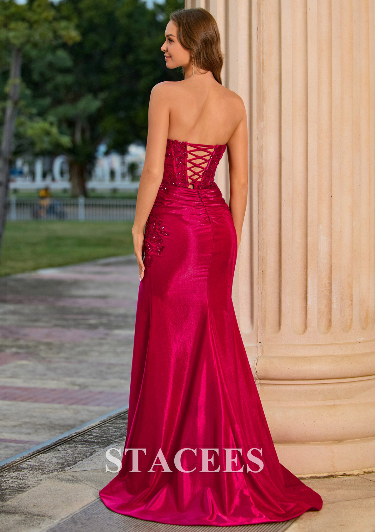 Burgundy Mermaid Strapless Beaded Applique Corset Ruched Prom Dress with Slit - STACEES