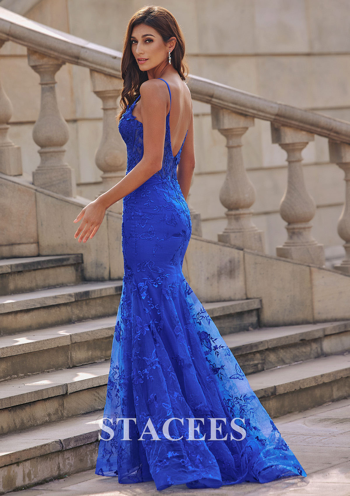 Ocean Blue Mermaid Plugging V Neck Boned Illusion Corset Prom Dress with Glitter  - STACEES