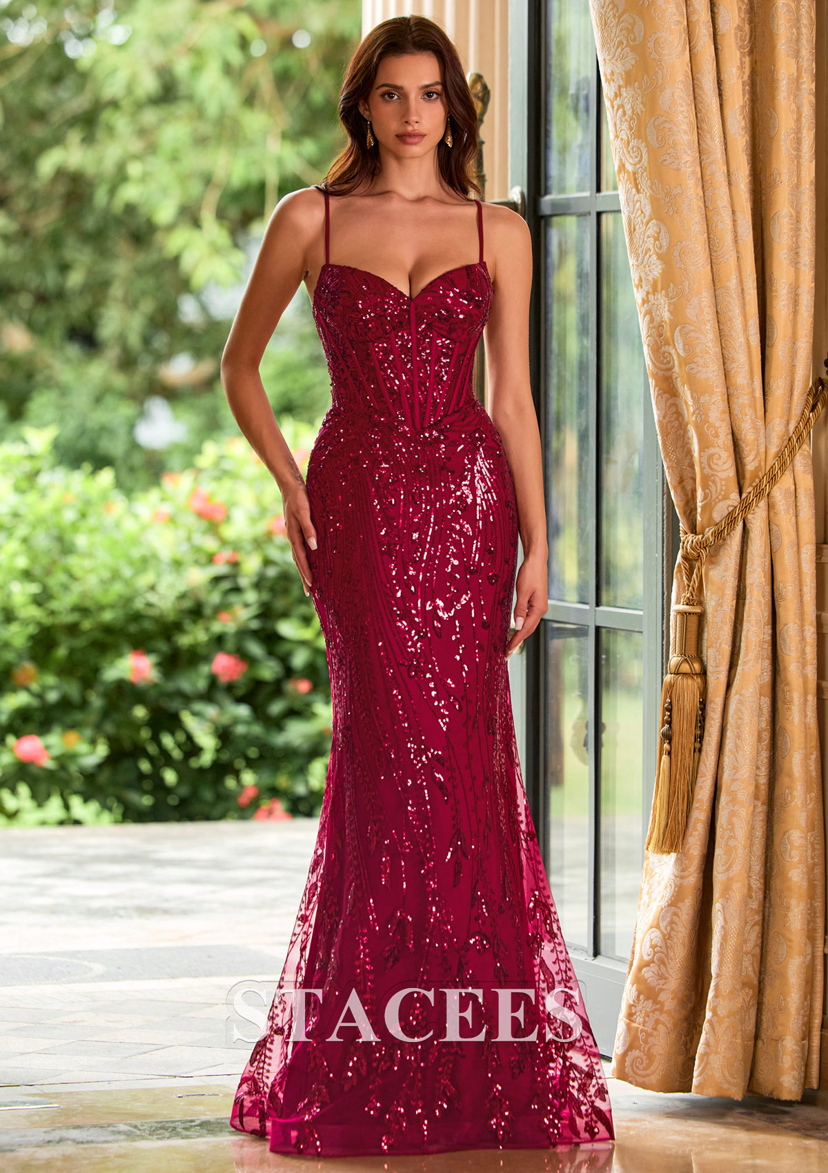 Bordeaux Trumpette/Sirène col en v paillettes longueur ras du sol robe de bal - STACEES