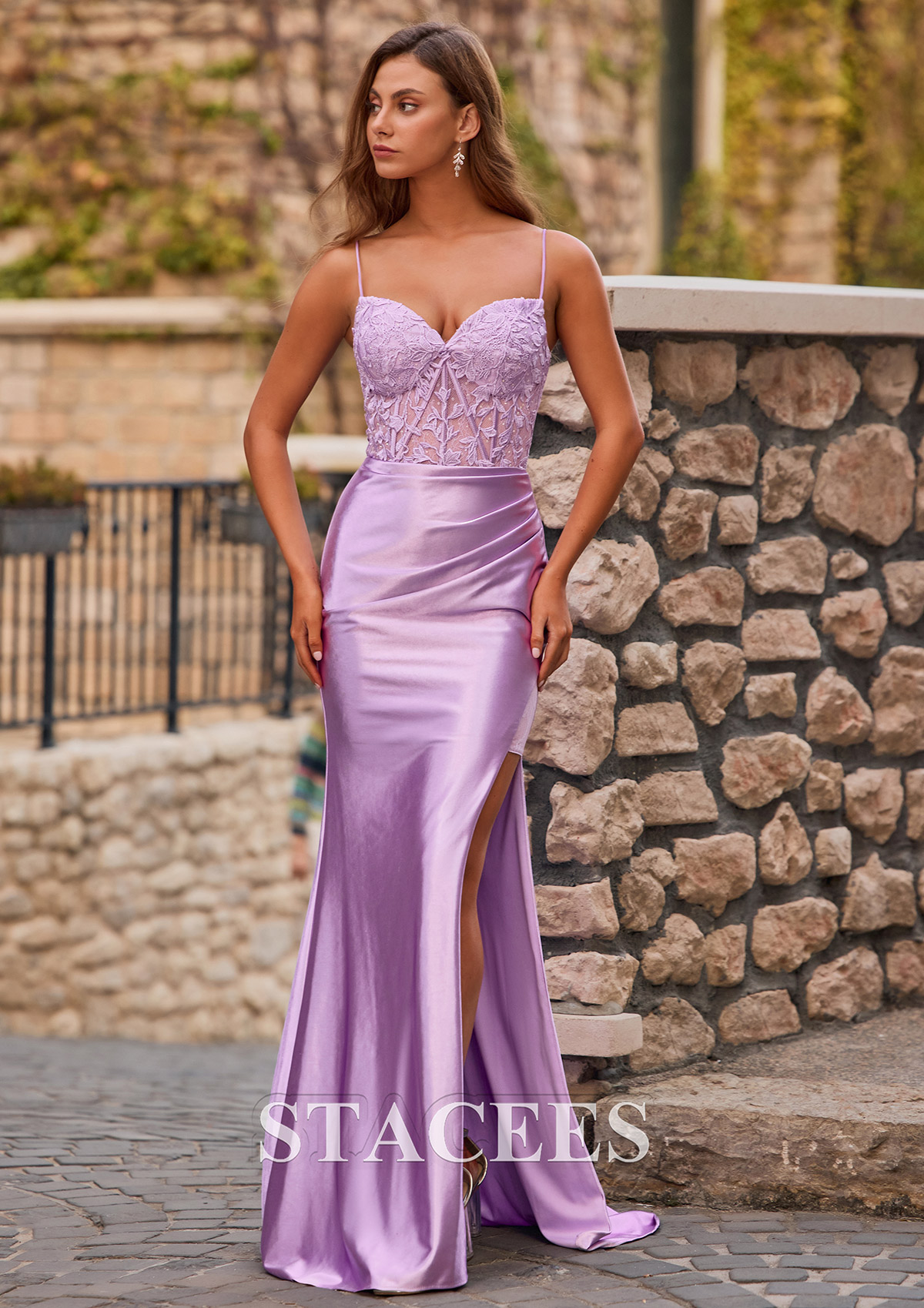 Lilac  Mermaid V Neck Silk like Satin Sheer Corset Slit Prom Dress  - STACEES