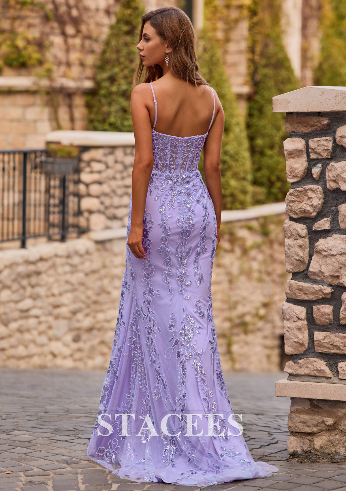 Lavande Trumpette/Sirène col en v tulle traîne balayage robe de bal  - STACEES