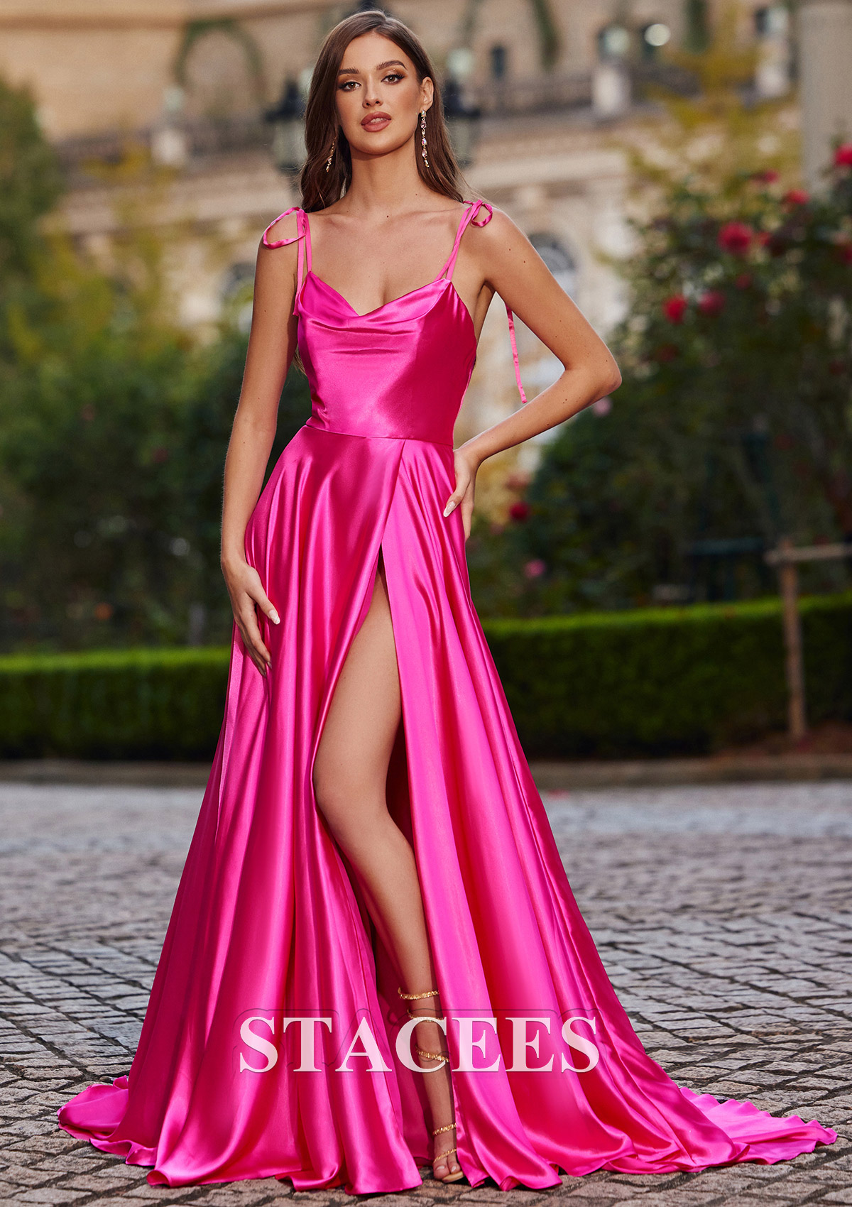 Fuchsia A-line Cowl Neck Court Train Charmeuse Prom Dress with Pleated Split - STACEES