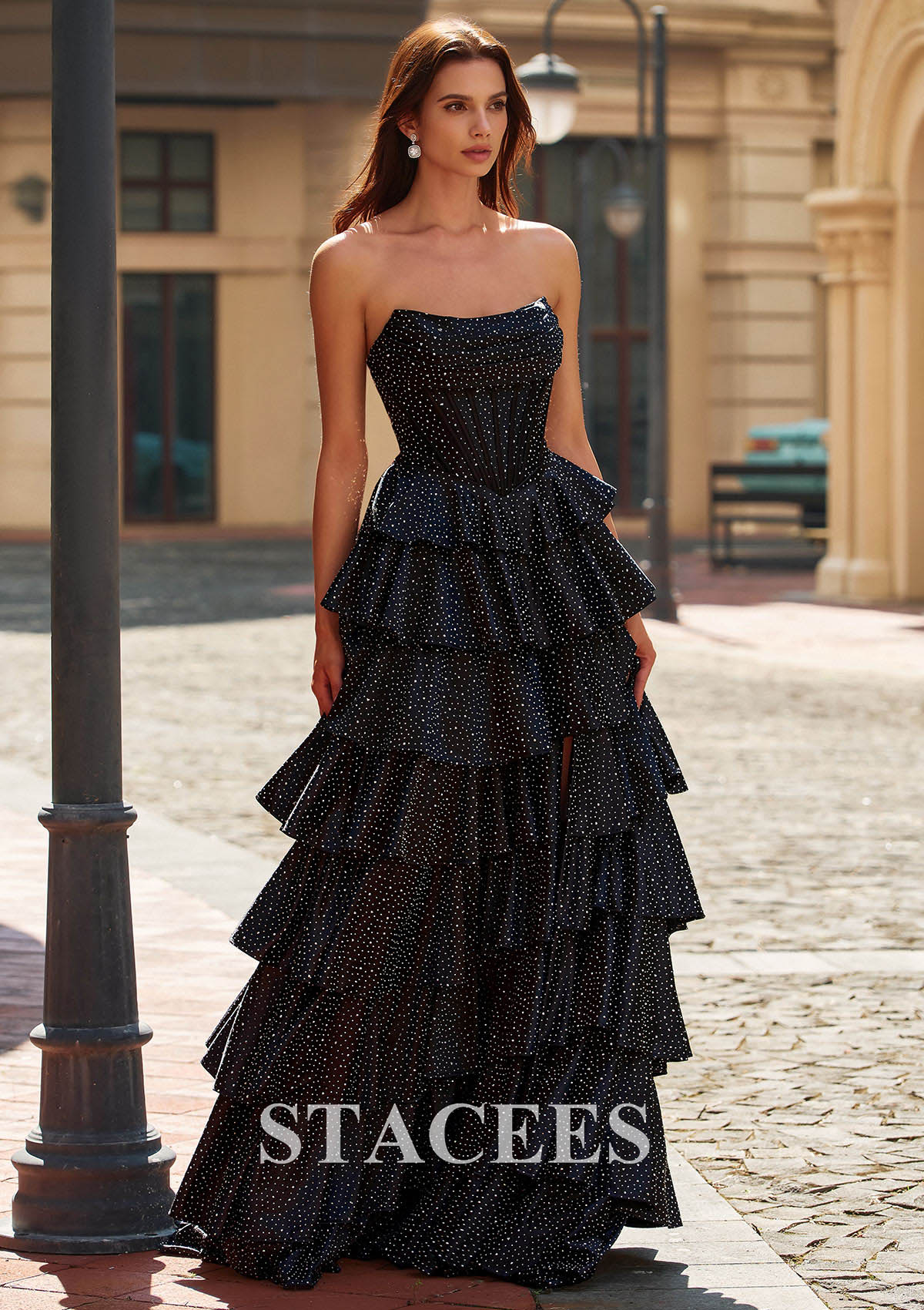 black ruffle prom dress Stacees 2026 Hotfix with Strapless Cowl Neck Corset Slit This elegant dress features