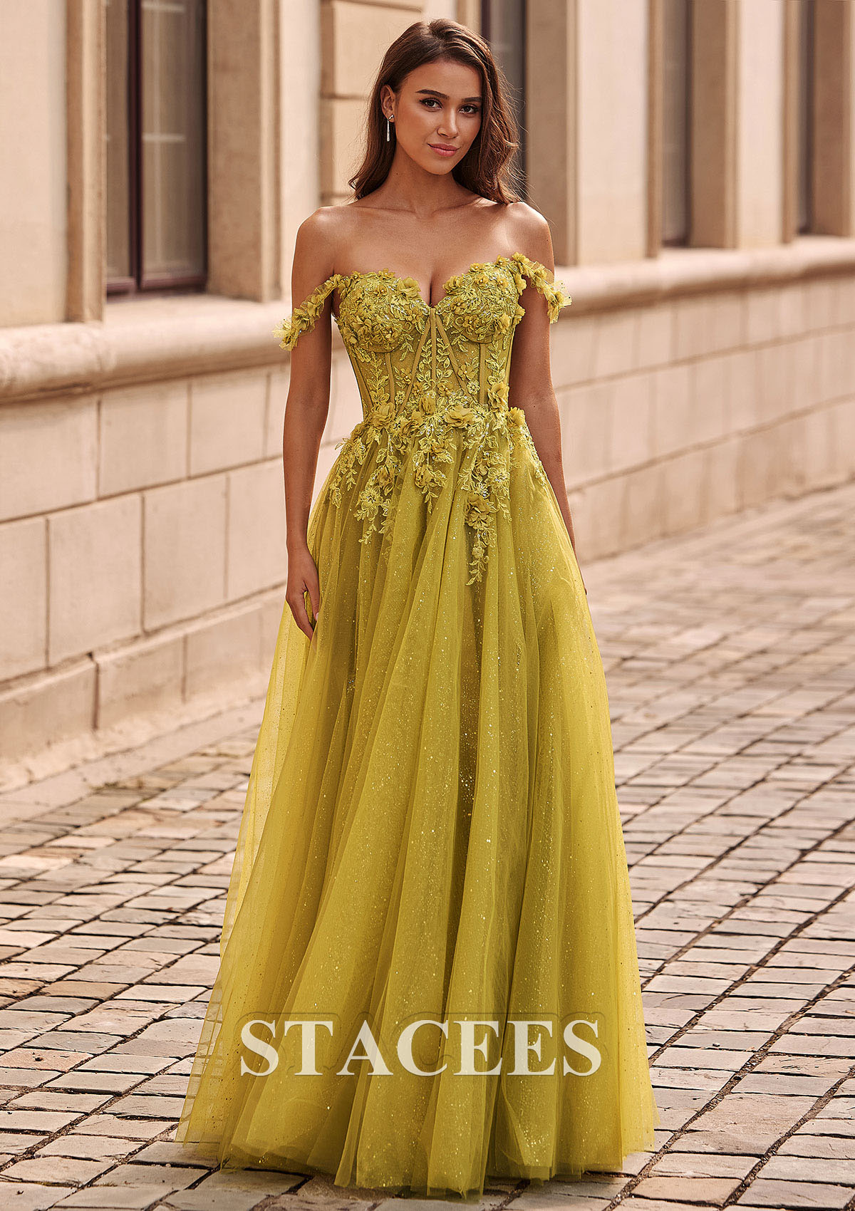 As Picture A-line Applique Sheer Corset Off-the-Shoulder Glitter Tulle Prom Dress - STACEES