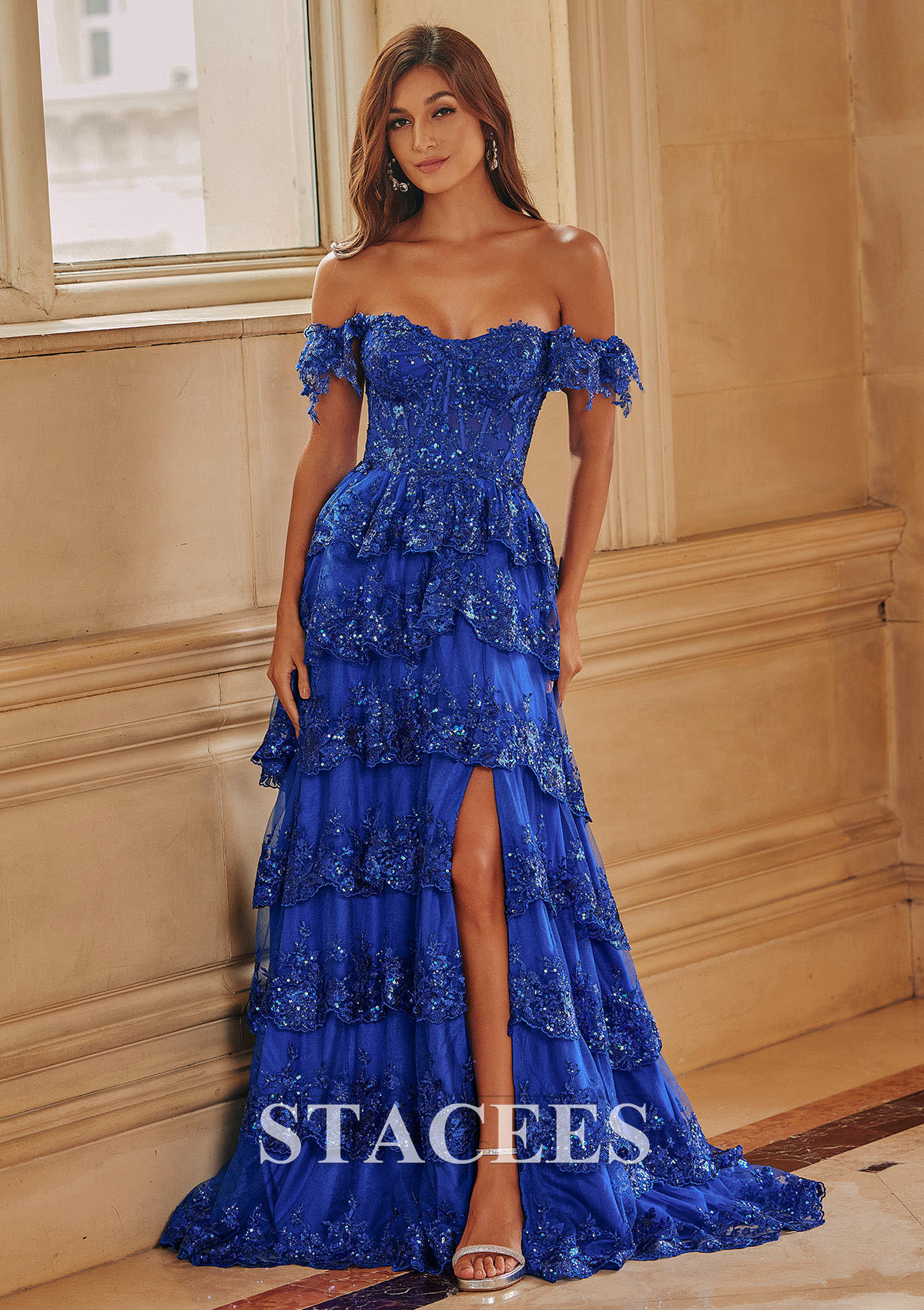 Bleu Océan Trapèze épaule dénudée tulle traîne balayage robe de bal  - STACEES