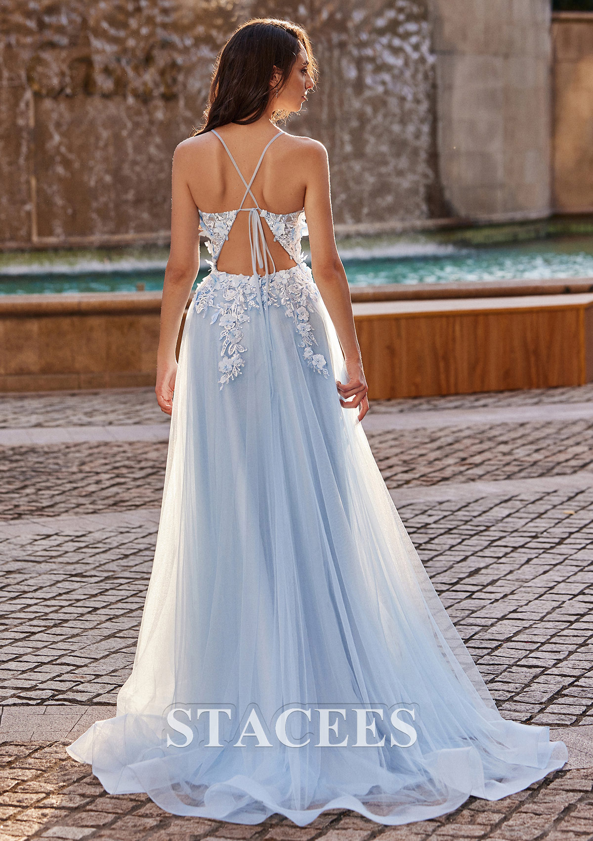 Bleu Ciel Robe trapèze princesse carrée tulle traîne balayage robe de bal - STACEES