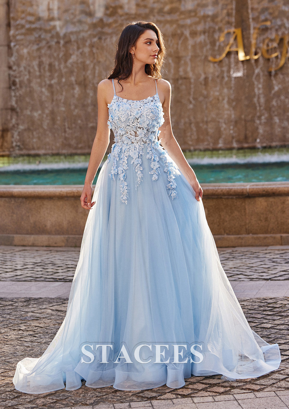 Bleu Ciel Robe trapèze princesse carrée tulle traîne balayage robe de bal - STACEES
