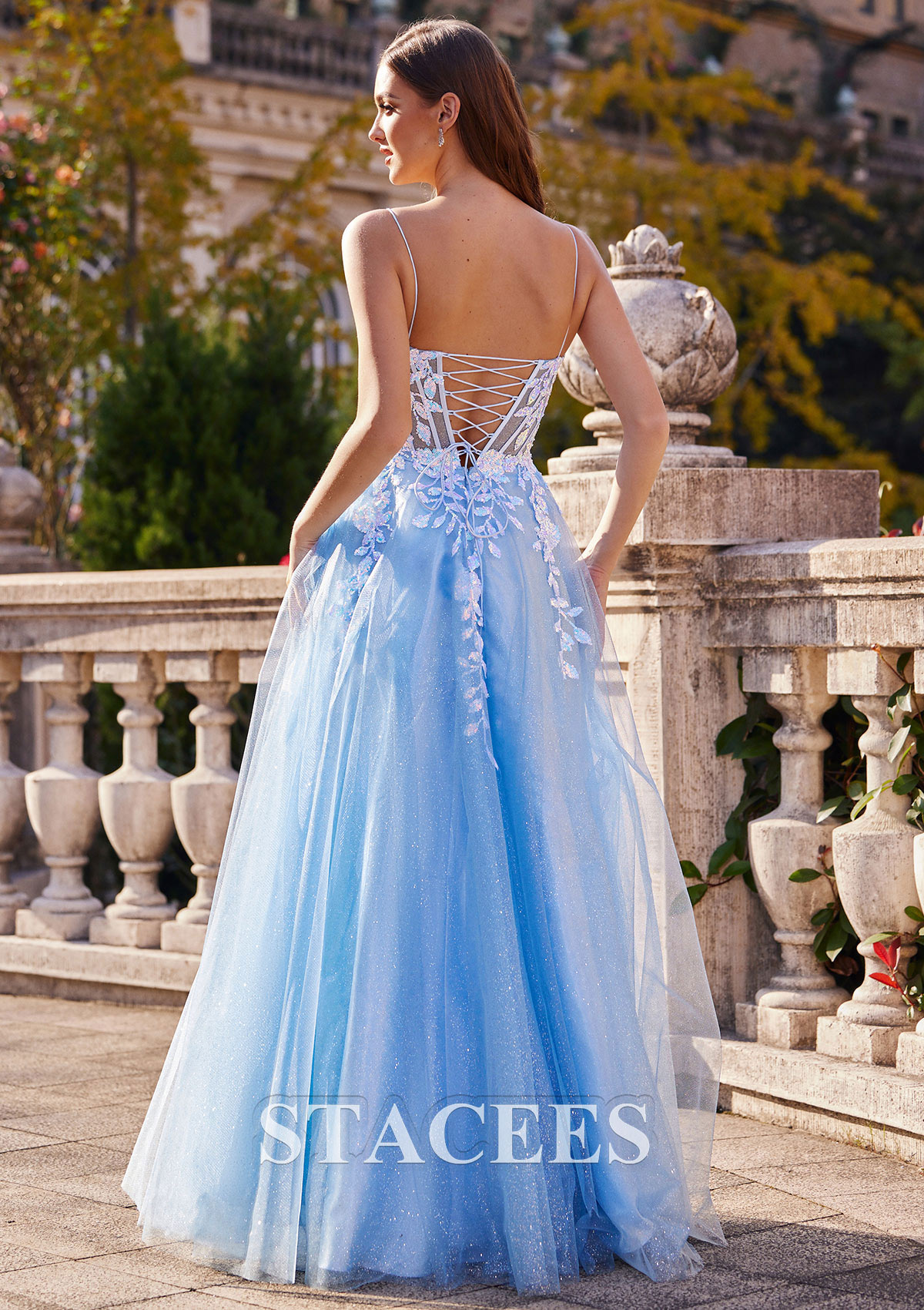 Bleu Ciel Trapèze robe princesse col en v tulle ras du sol robe de bal - STACEES