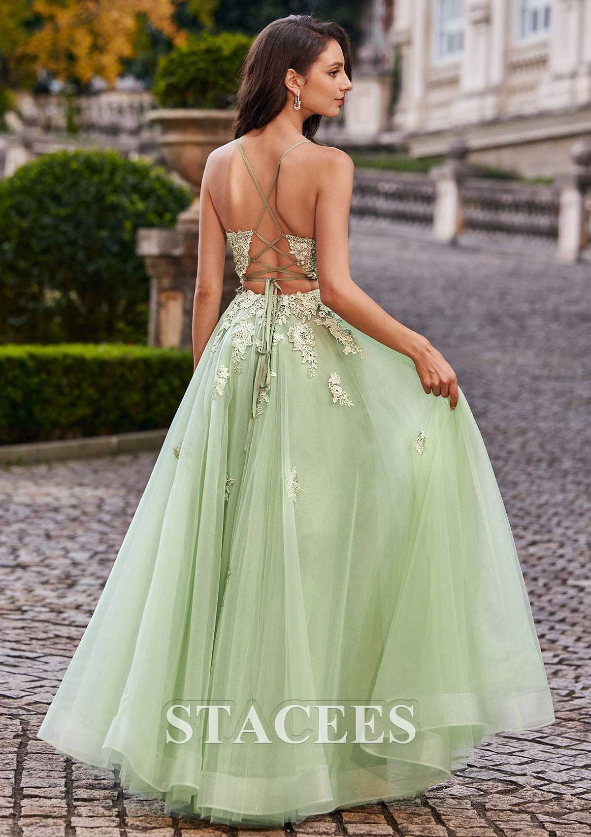 Sauge Trapèze robe princesse col en v tulle ras du sol robe de bal - STACEES