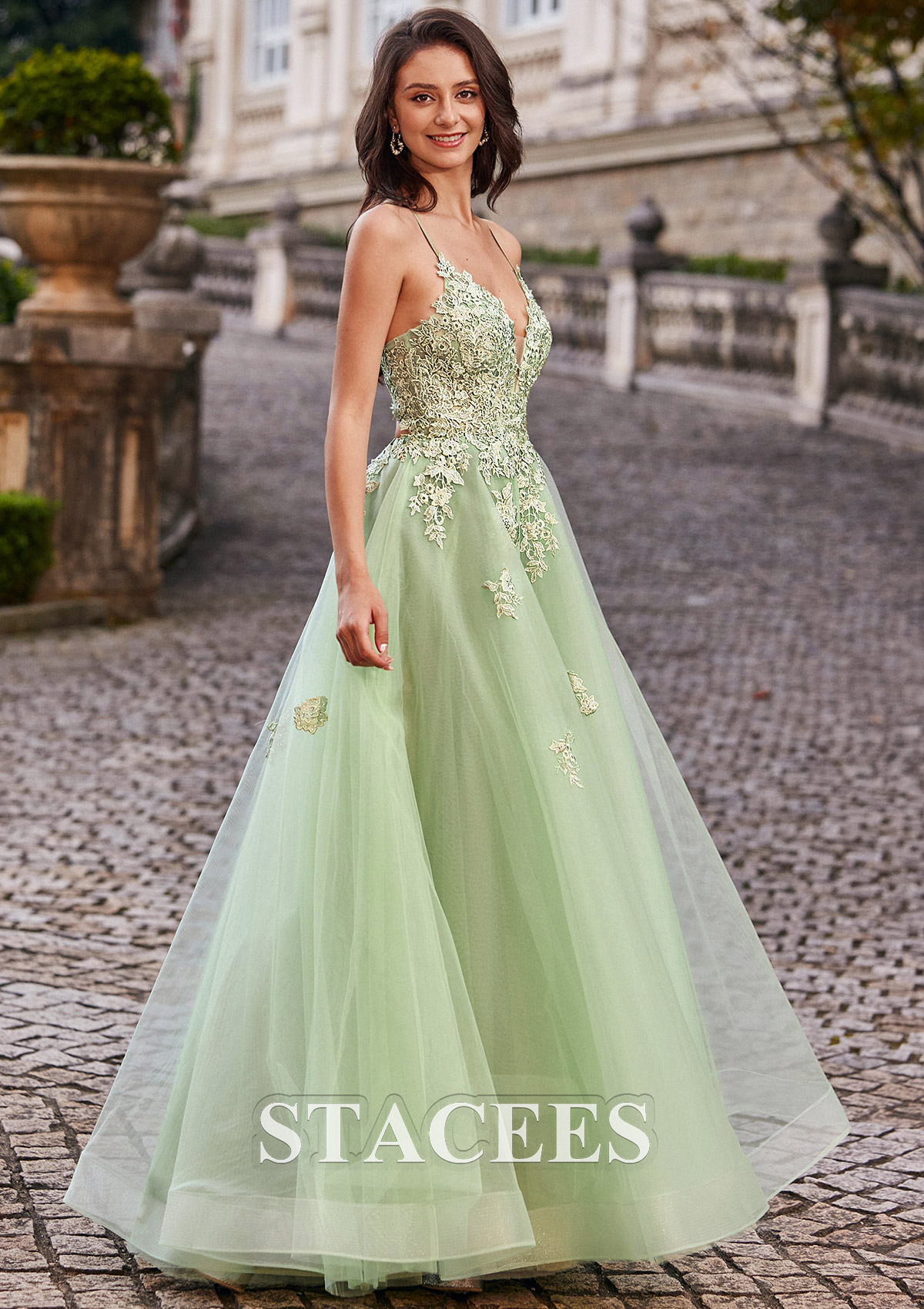 Sauge Trapèze robe princesse col en v tulle ras du sol robe de bal - STACEES