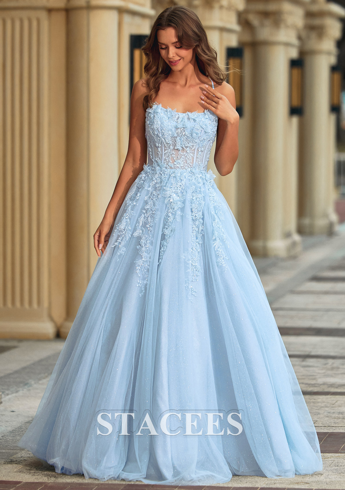 Bleu Ciel Trapèze scoop tulle traîne balayage robe de bal avec perles paillettes papillon - STACEES