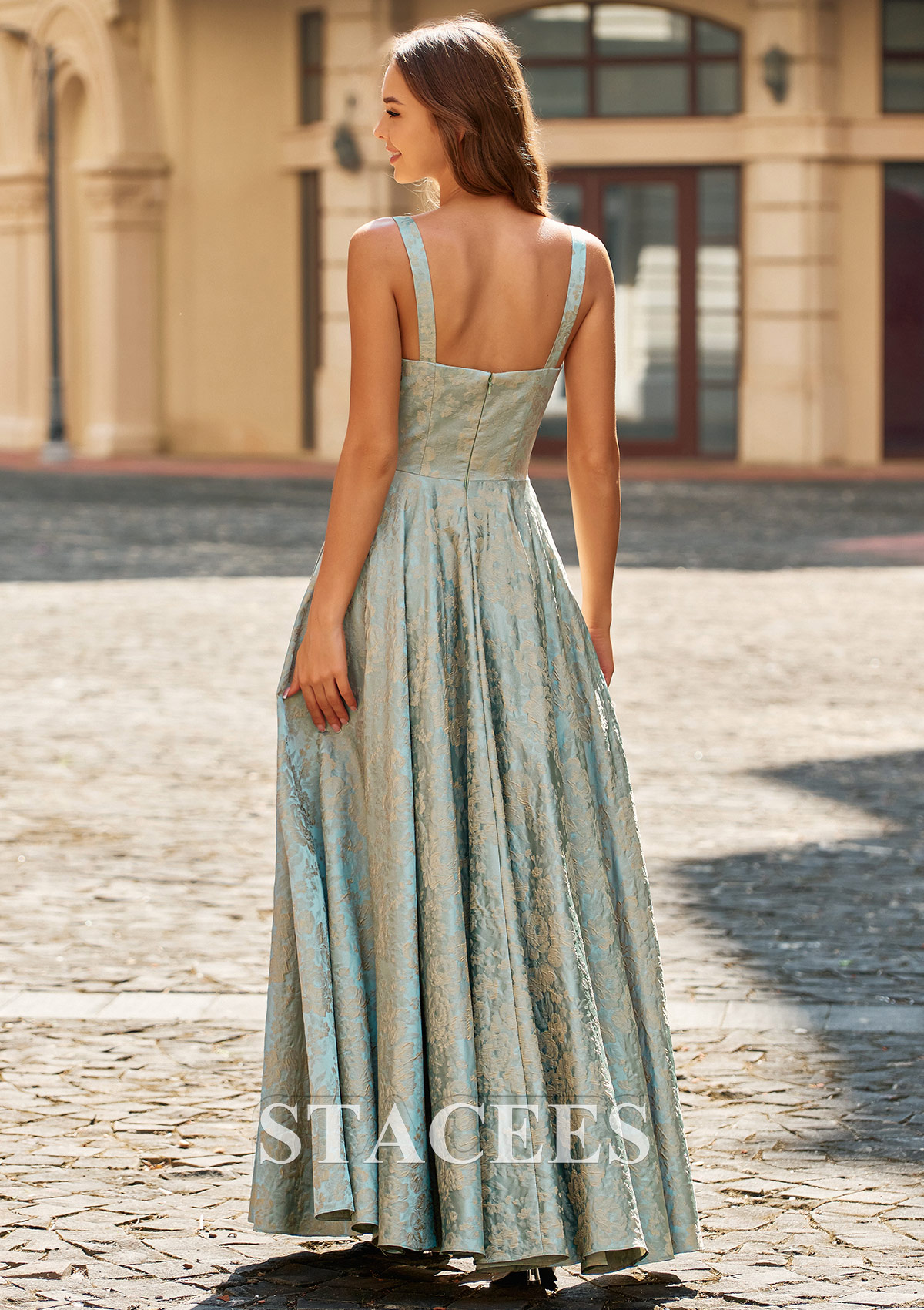 Bleu Clair Trapèze carrée jacquard longueur ras du sol robe de bal avec plissé poches imprimé floral - STACEES