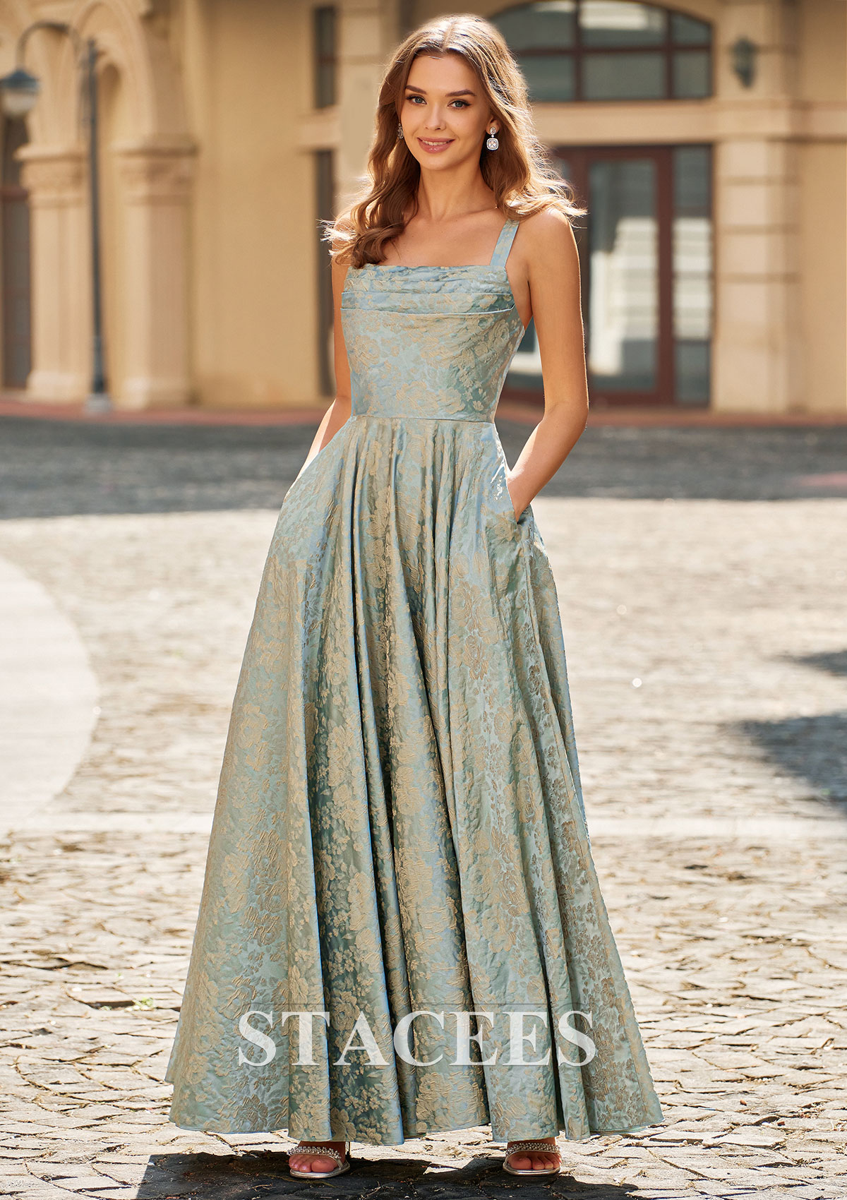 floral a line formal dress Vintage Ruched Jacquard A-Line Prom with Wide Straps S9110P - Prom Dresses Floral pattern with butterfly meta-related-collection-evening-dresses-gowns Luxury Sheer Long Sleeves Color:White color