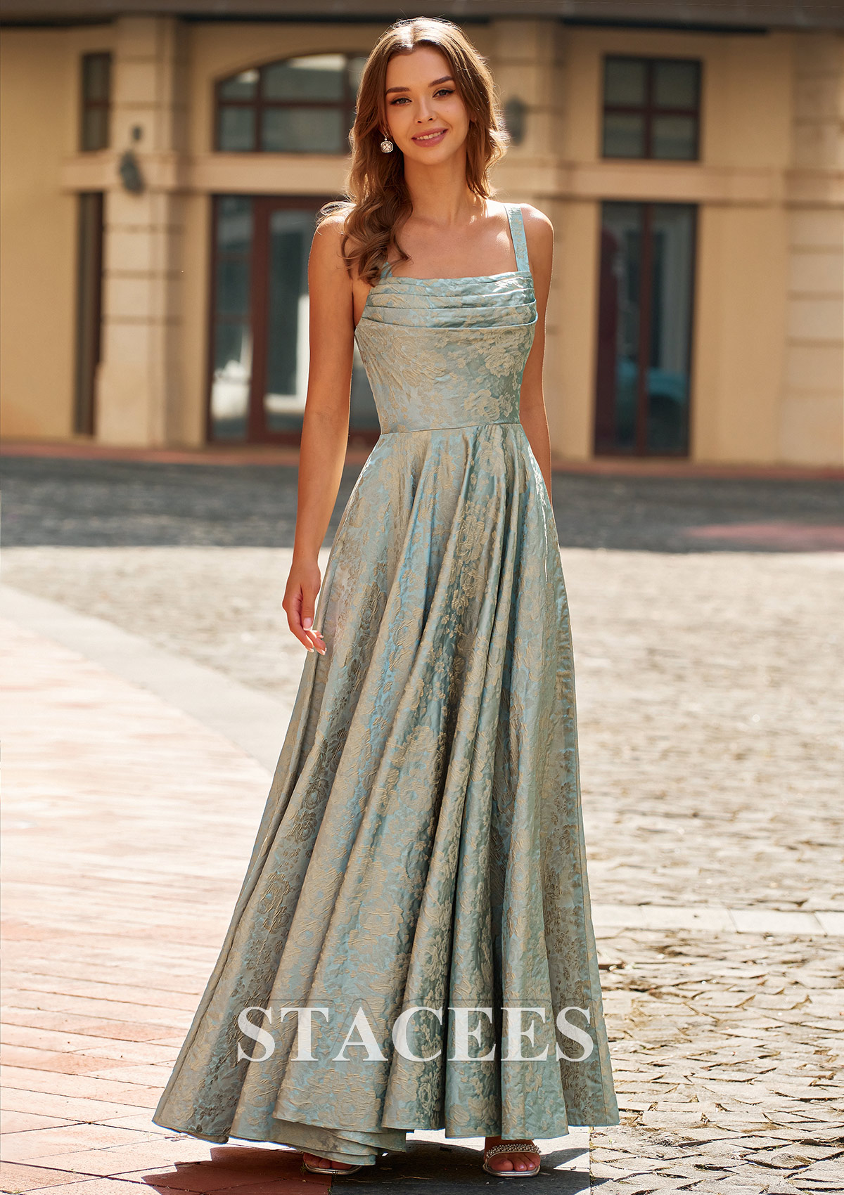 Stacees 2026 Vintage Ruched Floral Jacquard A-Line Prom Dress with Wide Straps