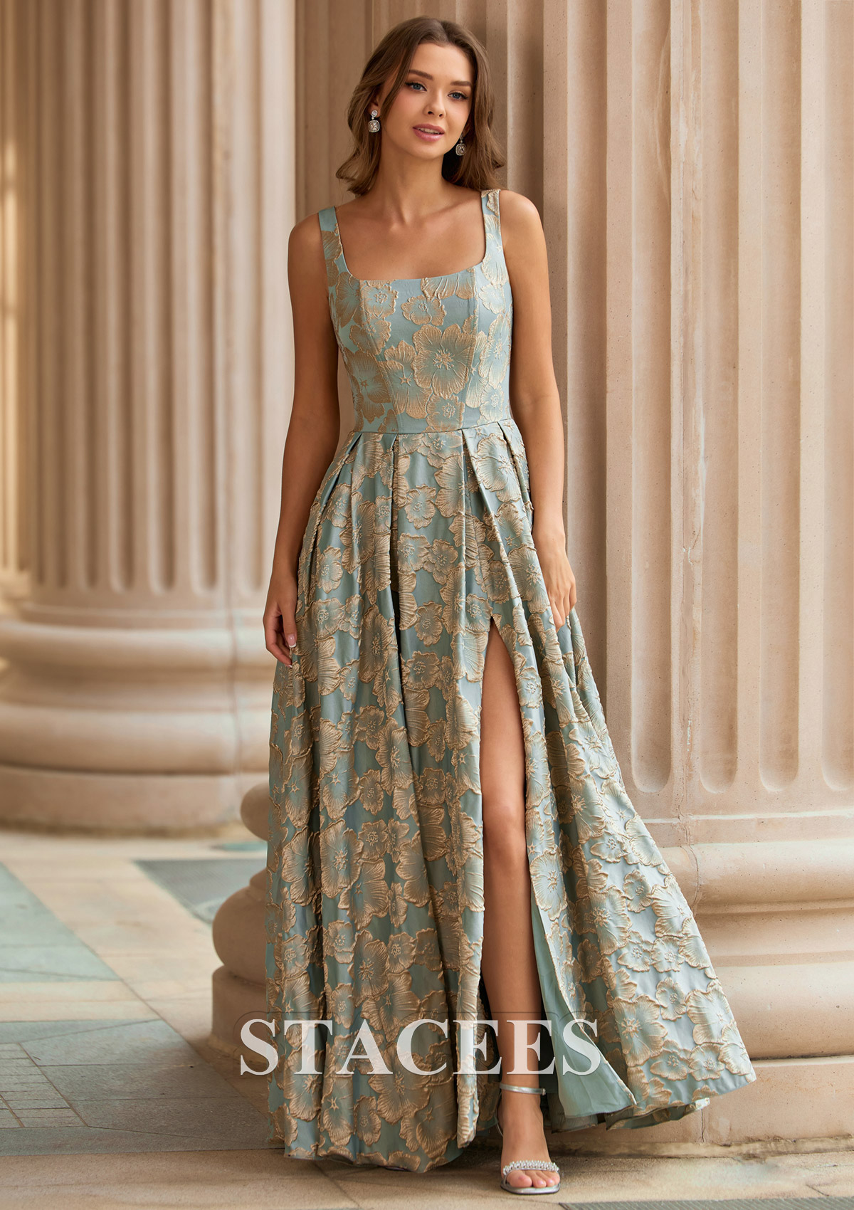 Bleu Clair Trapèze carrée jacquard longueur ras du sol robe de bal avec poches imprimé floral - STACEES