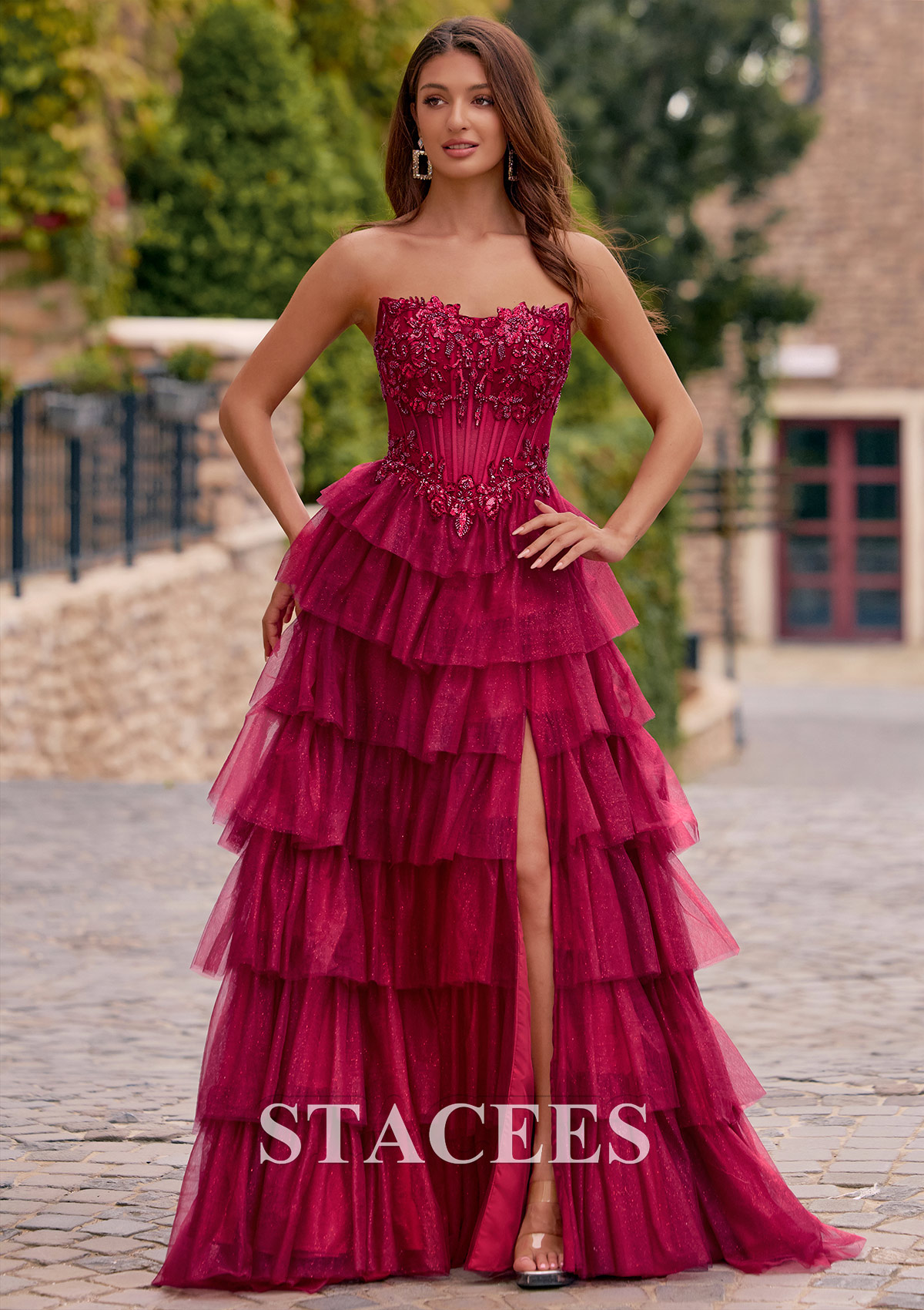 Burgundy A-line Strapless Embellished Corset Tiered Ruffle Glitter Tulle Prom Dress with Slit - STACEES