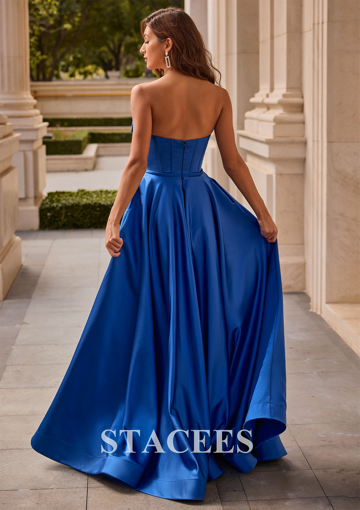 Ocean Blue A-line Strapless Bow Corset Satin Sweep Train Slit Prom Dress - STACEES