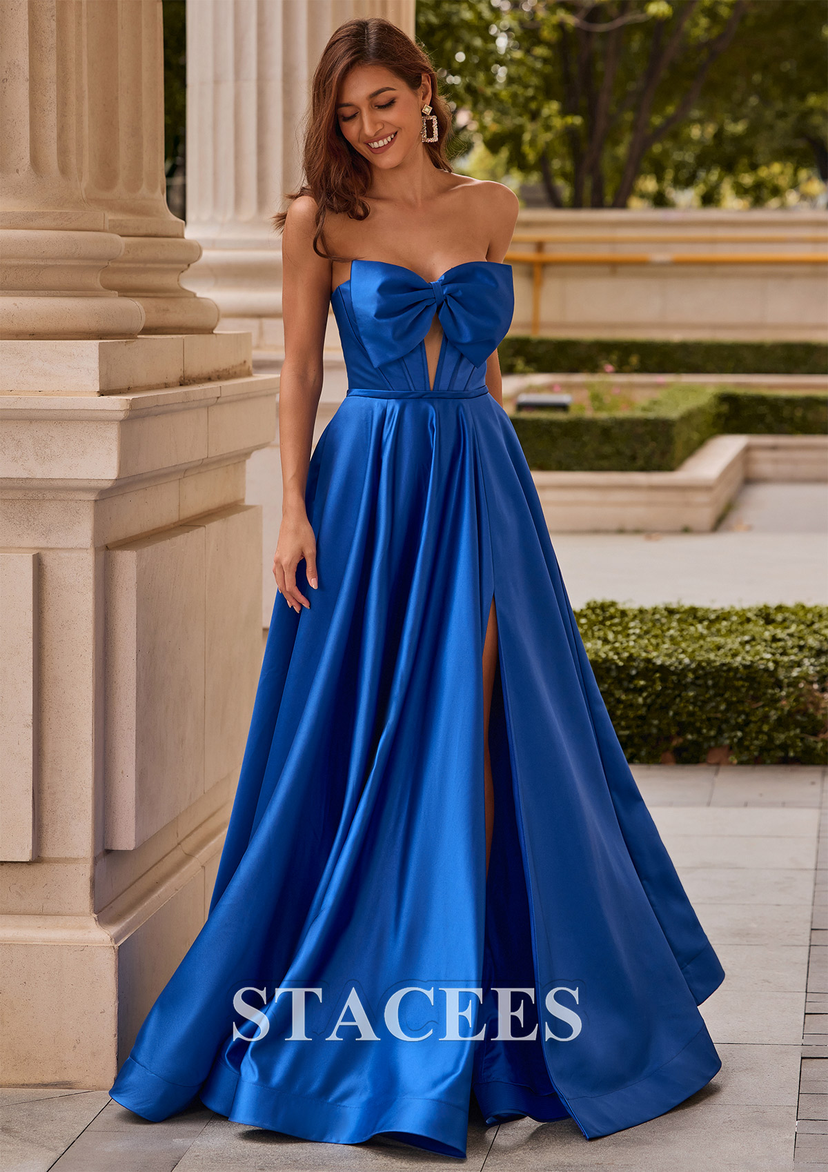 Ocean Blue A-line Strapless Bow Corset Satin Sweep Train Slit Prom Dress - STACEES