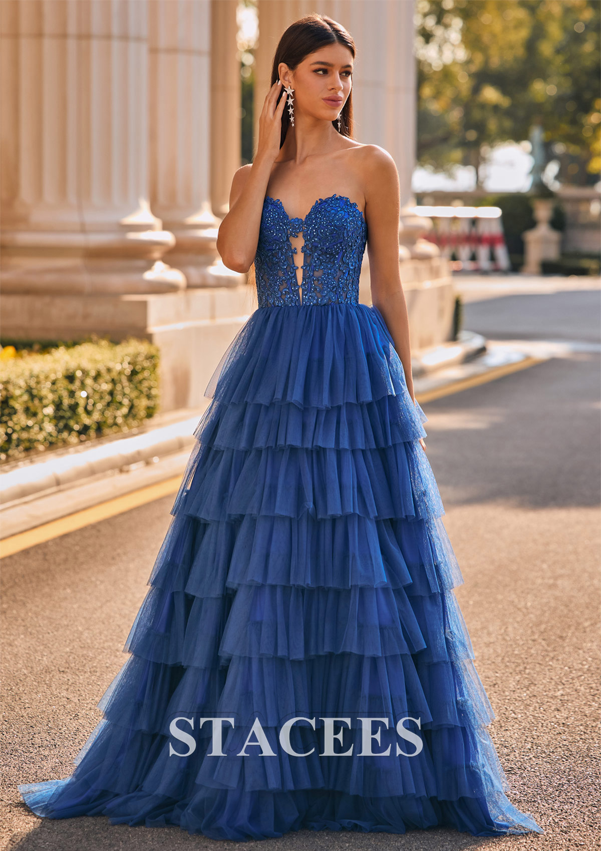 As Picture A-line Sweetheart Tulle Sweep Train Prom Dress with Appliqued Beading Ruffles - STACEES