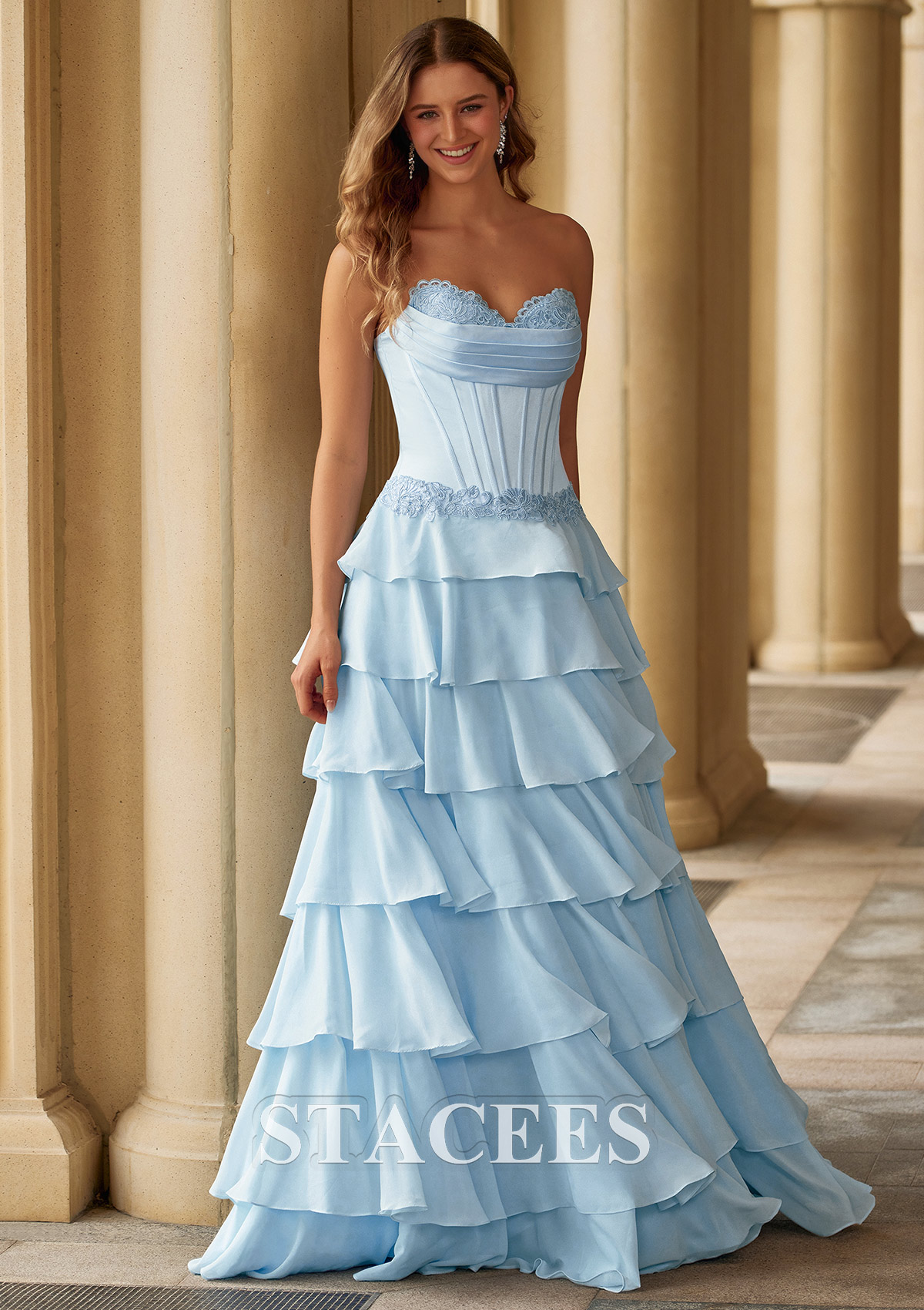 Sky Blue A-line Pleated Strapless Corset Tiered Ruffle Chiffon Prom Dress with Slit - STACEES