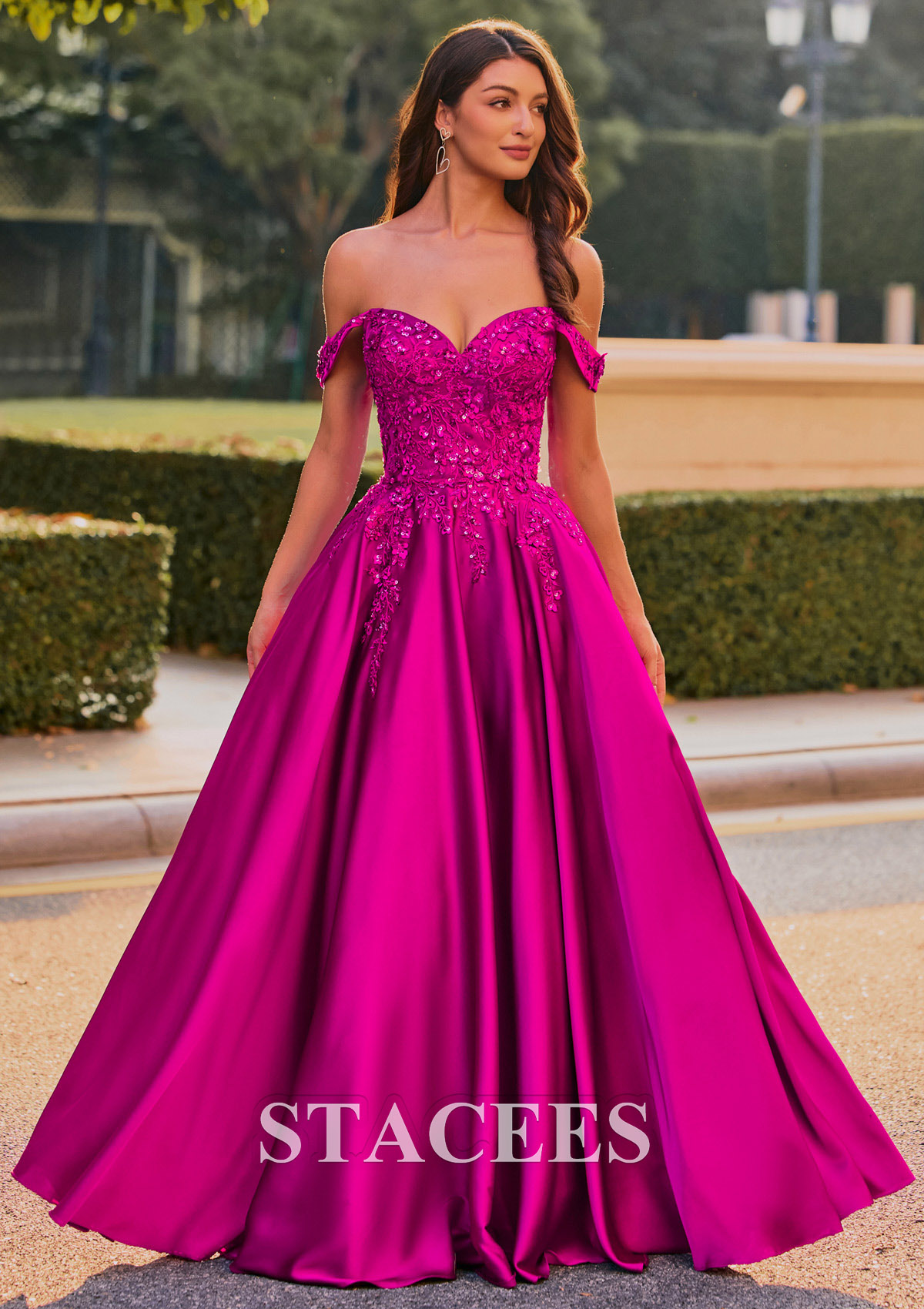 Magenta A-line Strapless Embroidered Ball Gown Prom Dress with Detachable Straps - STACEES