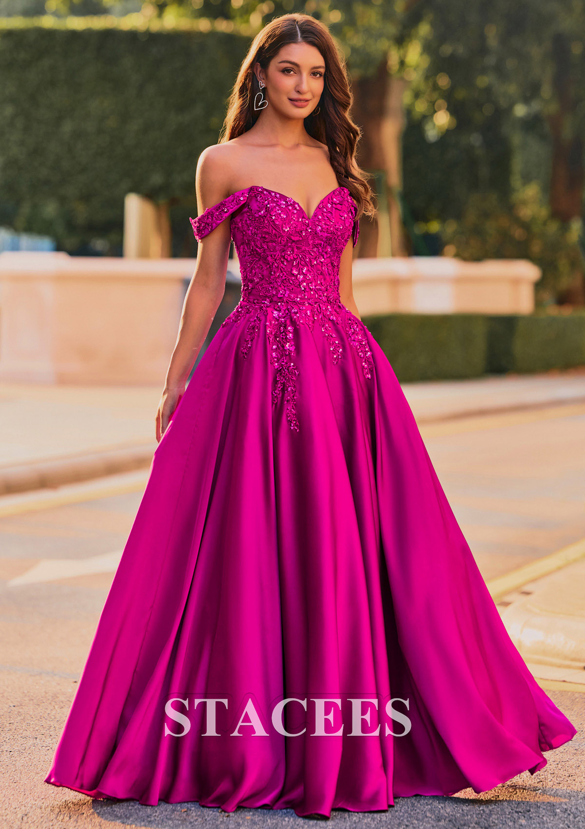 Magenta A-line Strapless Embroidered Ball Gown Prom Dress with Detachable Straps - STACEES