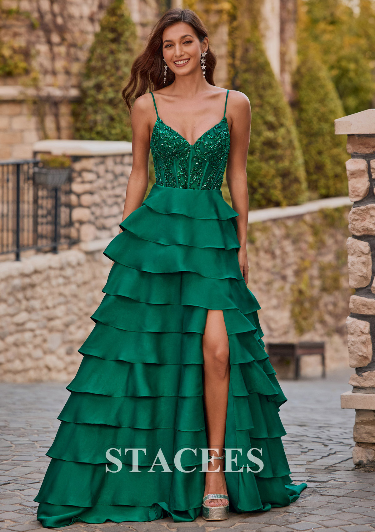 Vert Foncé Trapèze col en v satin extensible traîne balayage robe de bal  - STACEES
