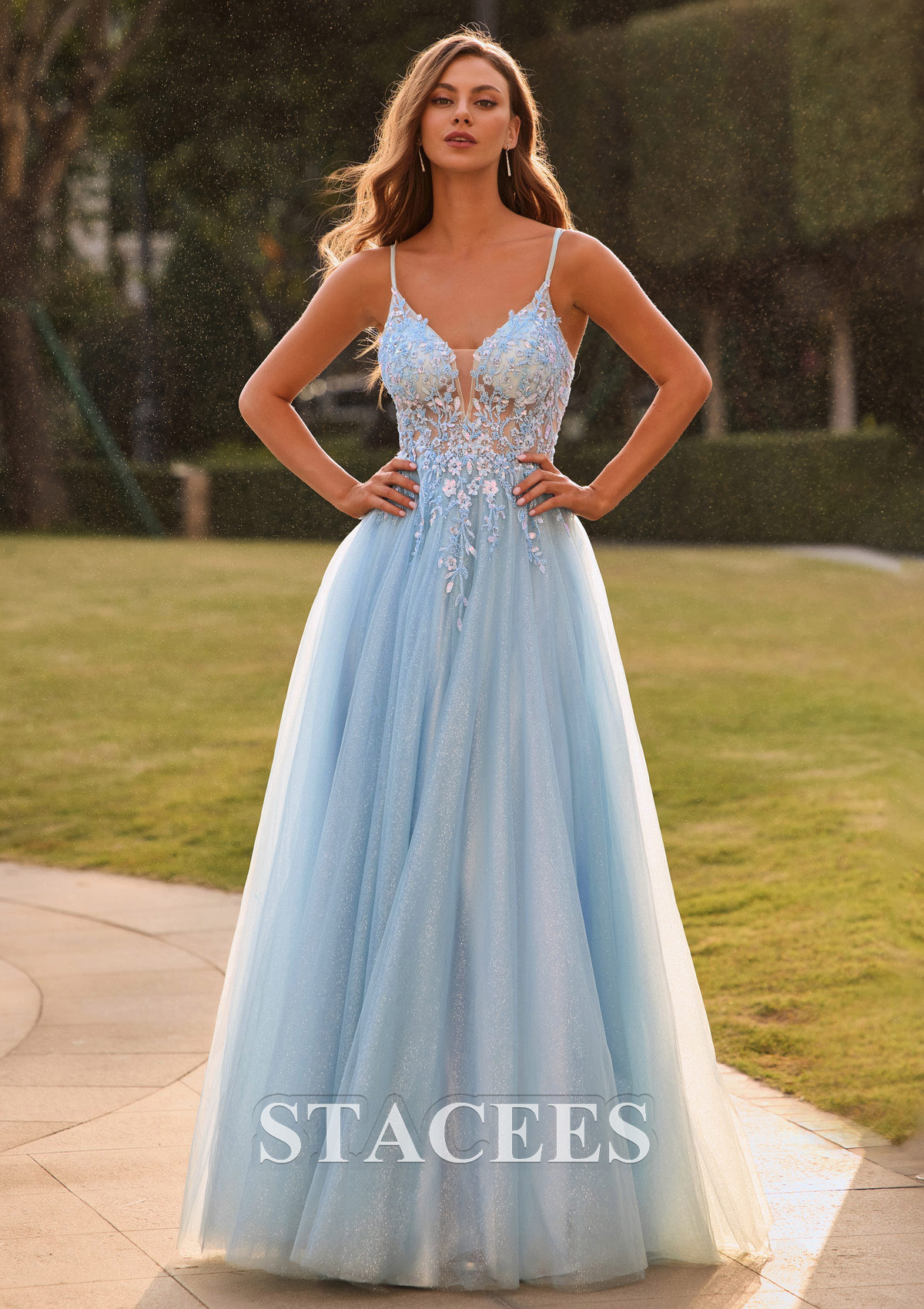 Sky Blue A-line V Neck Tulle Floor-Length Prom Dress with Appliqued Glitter - STACEES