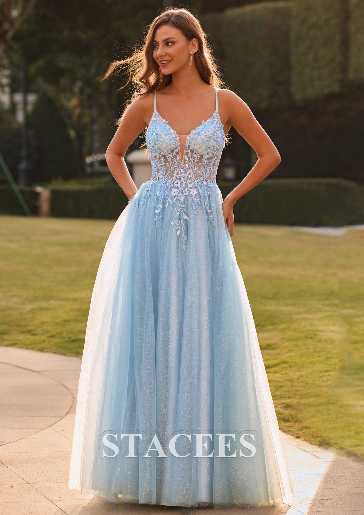 Sky Blue A-line V Neck Tulle Floor-Length Prom Dress with Appliqued Glitter - STACEES