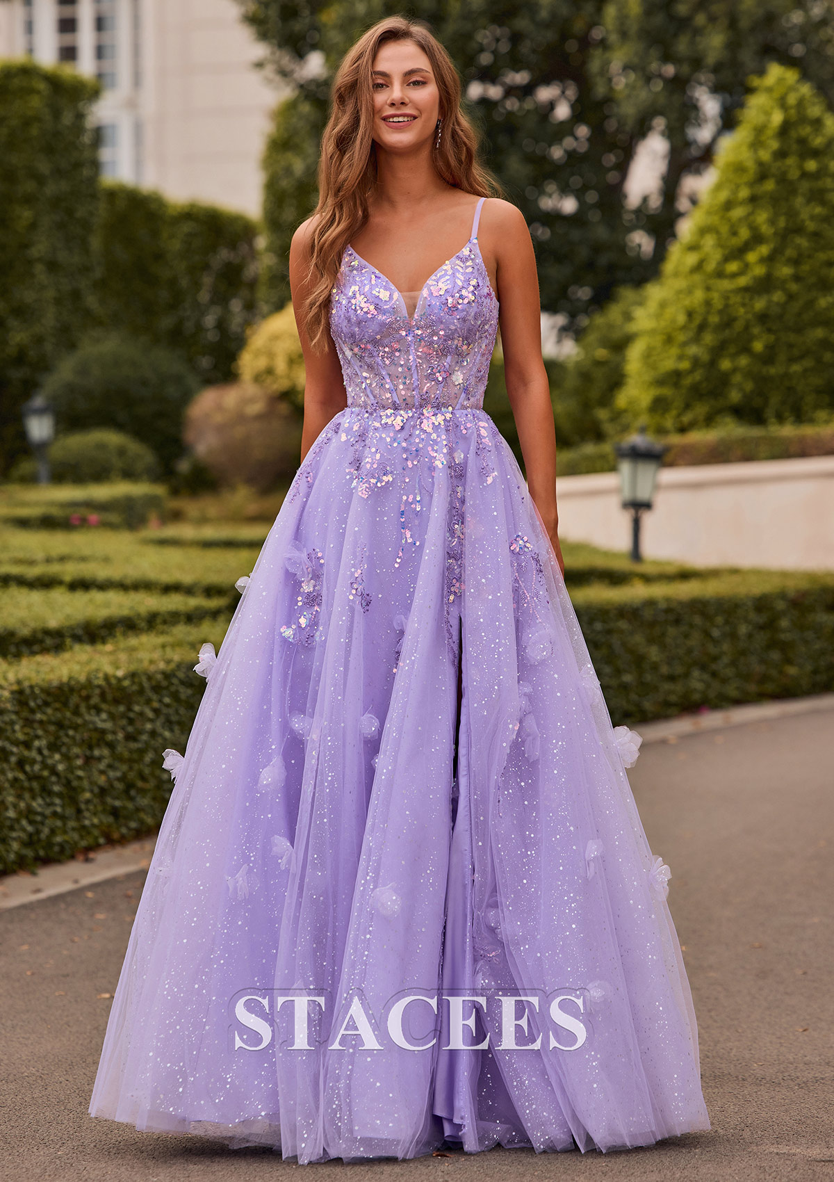 Lavender Vestido línea a escote en v tul hasta el suelo vestido de graduación - STACEES