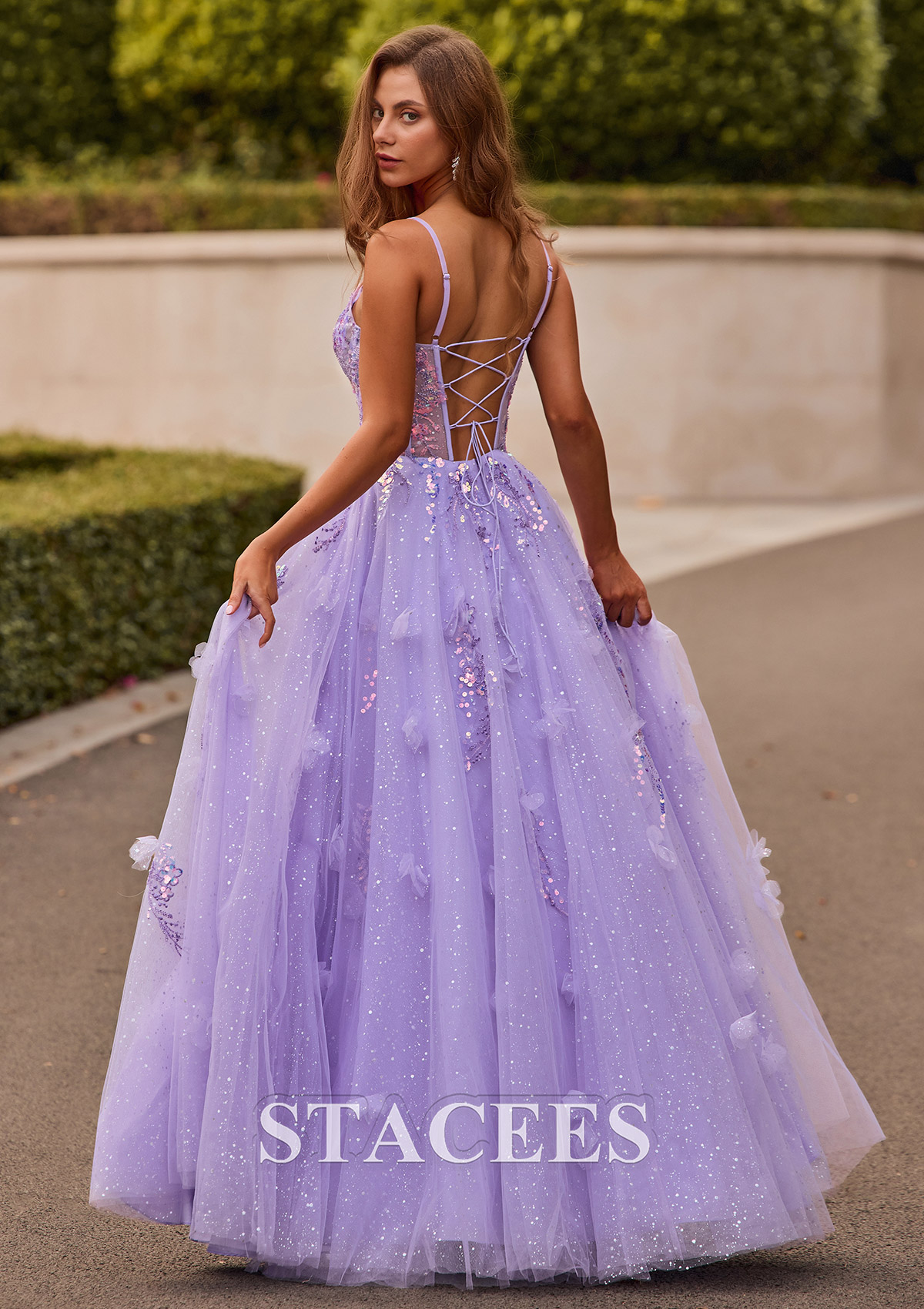 Lavender Vestido línea a escote en v tul hasta el suelo vestido de graduación - STACEES