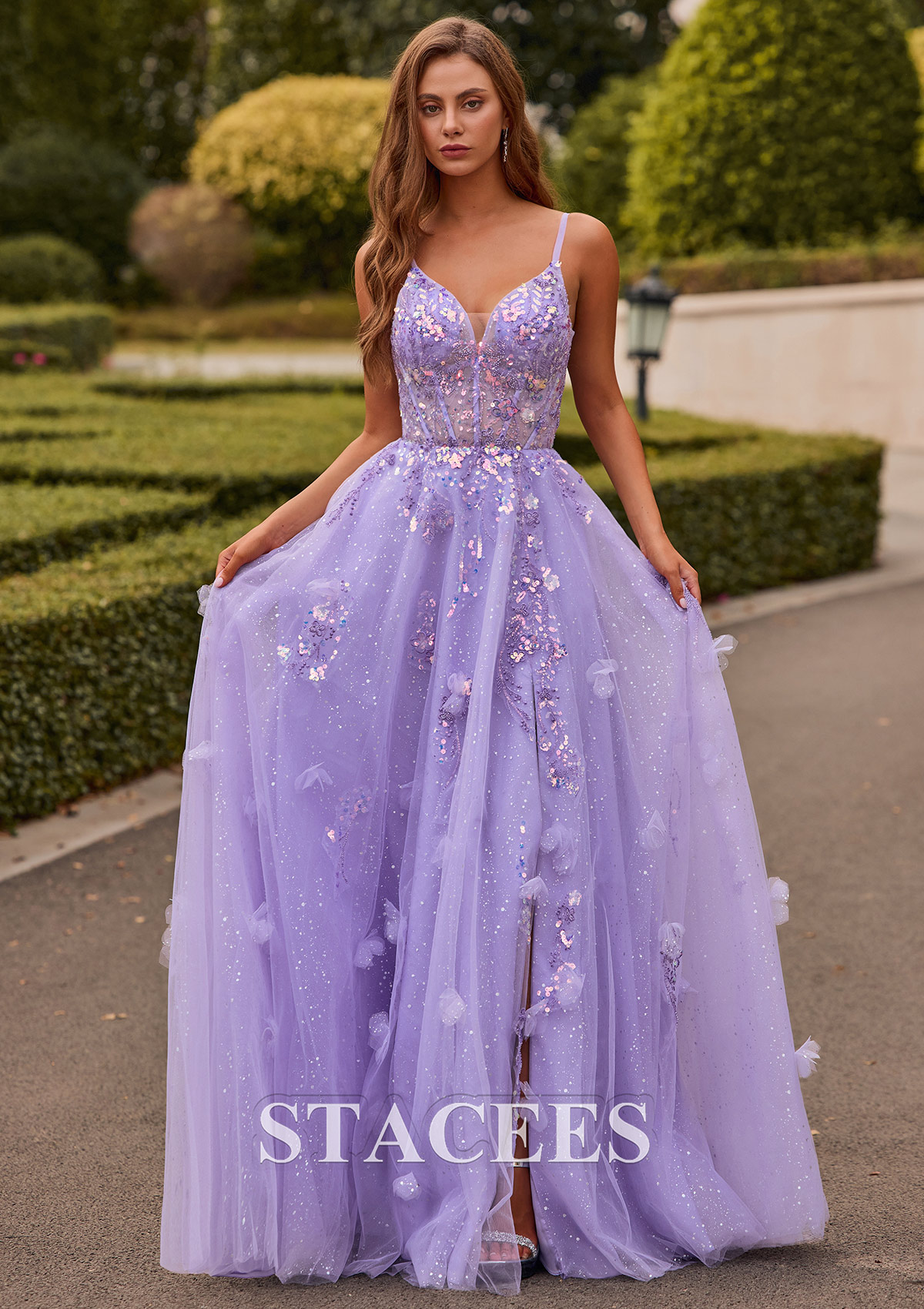 Lavender Vestido línea a escote en v tul hasta el suelo vestido de graduación - STACEES