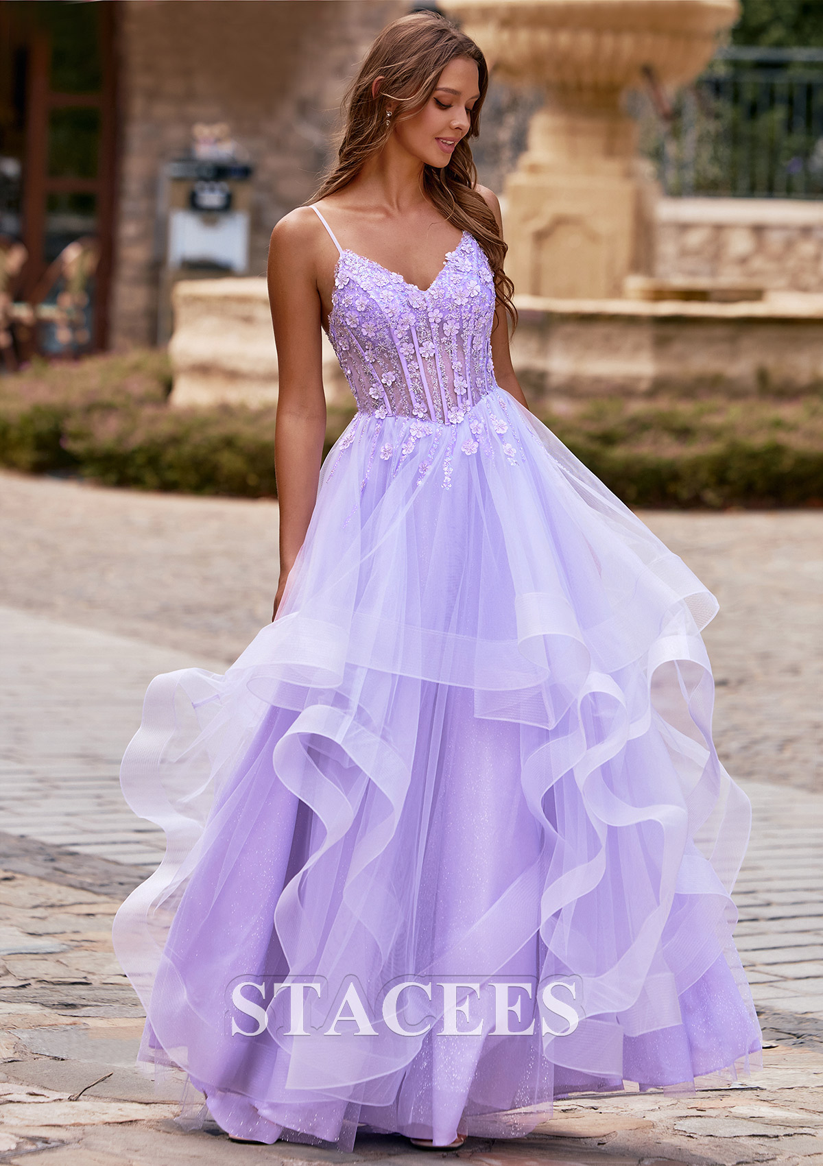Lilac Spaghetti Strap A-Line Floral Embroidery Corset Ruffled Prom Dress - STACEES
