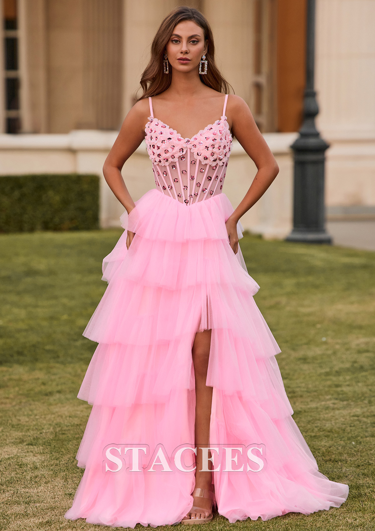 Candy Pink Vestido línea a escote en v tul cola de barrido vestido de graduación - STACEES