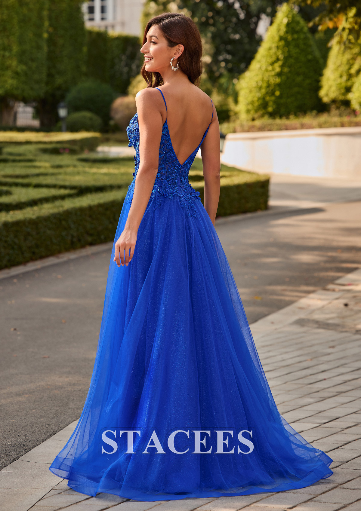 Ocean Blue A-line V Neck Glitter Tulle Prom Dress with Butterfly Applique - STACEES
