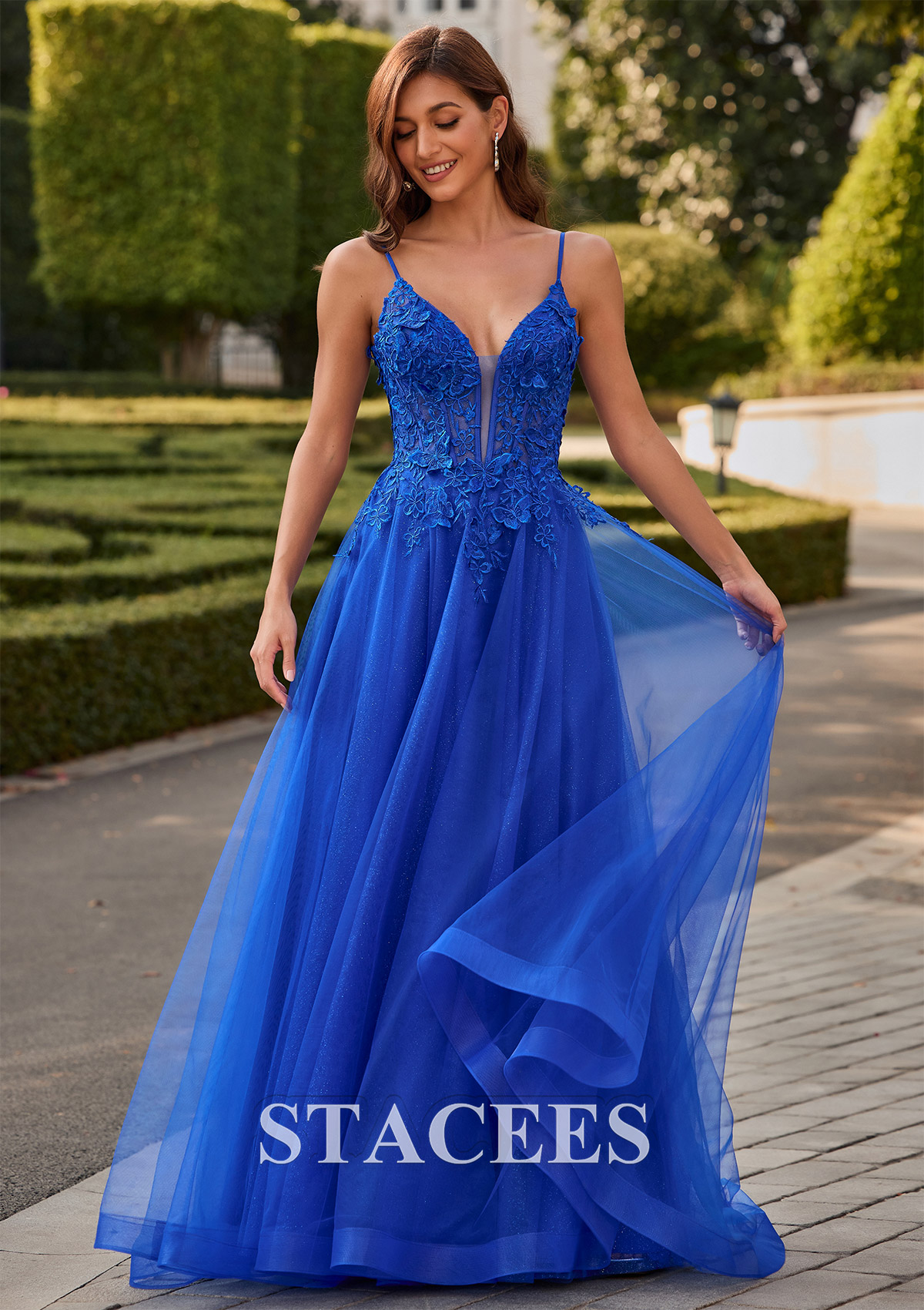 Ocean Blue A-line V Neck Glitter Tulle Prom Dress with Butterfly Applique - STACEES